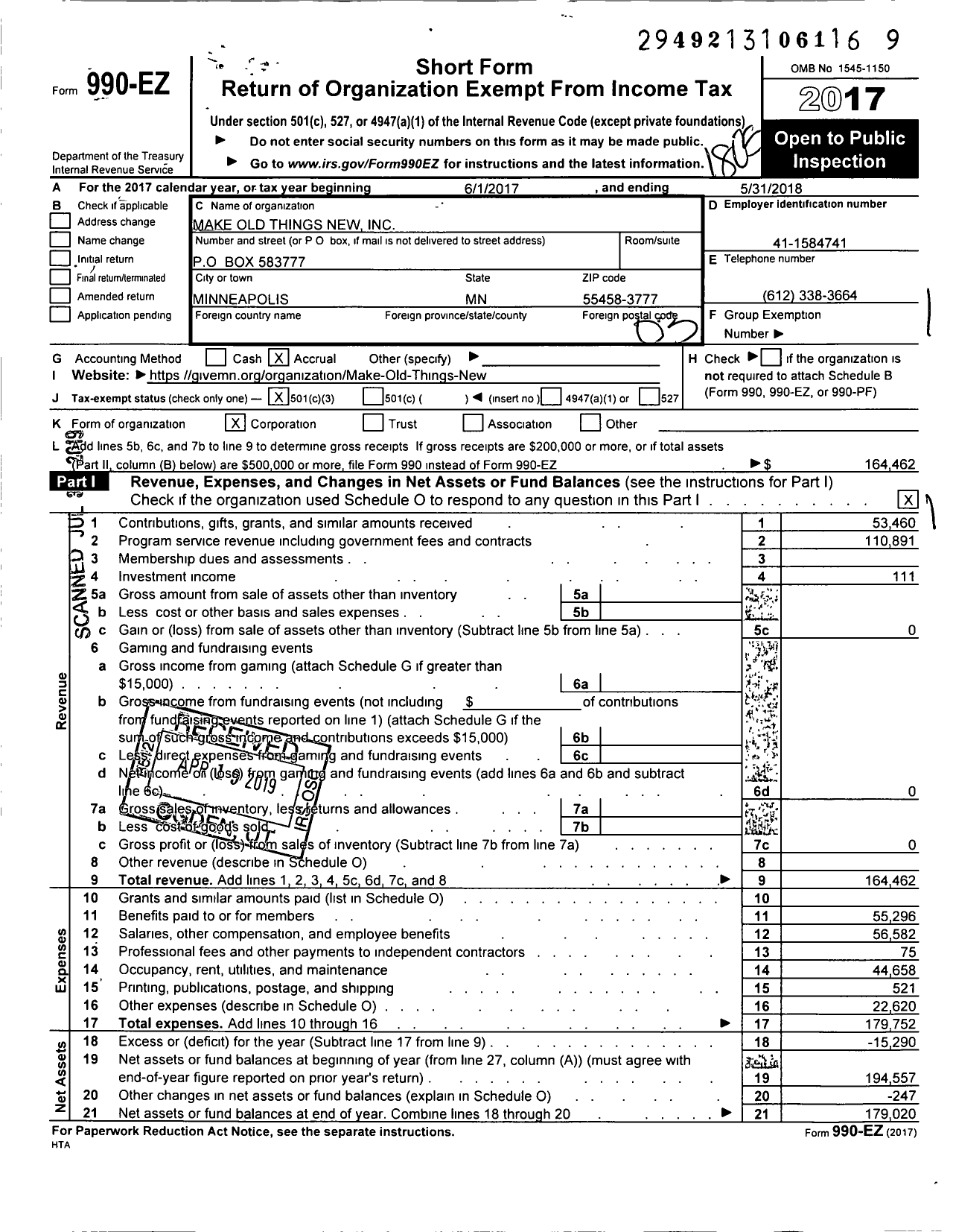 Image of first page of 2017 Form 990EZ for Make Old Things New