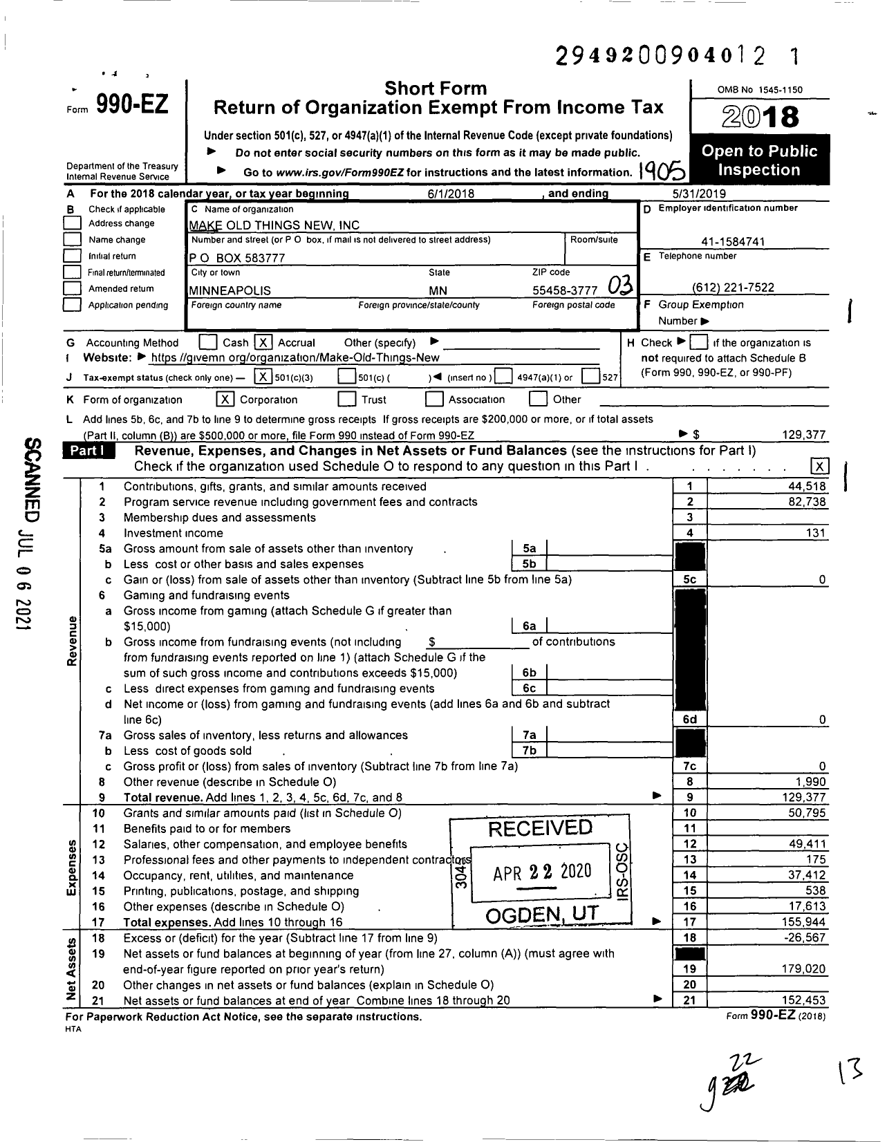 Image of first page of 2018 Form 990EZ for Make Old Things New