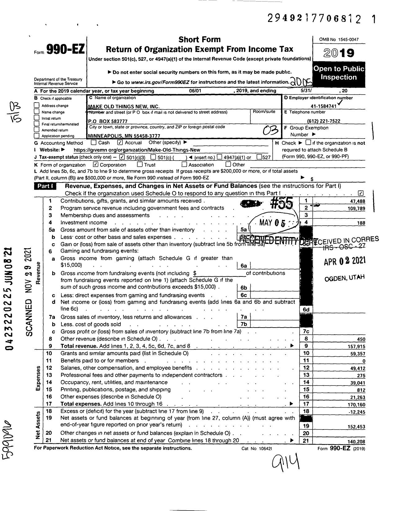 Image of first page of 2019 Form 990EZ for Make Old Things New