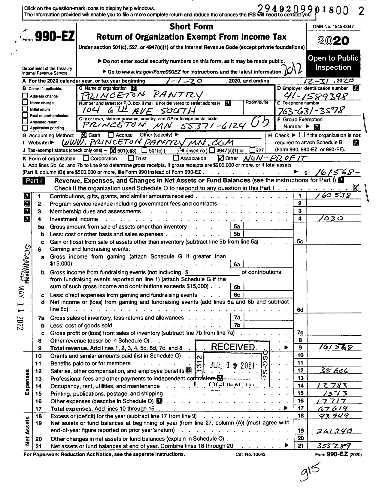 Image of first page of 2020 Form 990EZ for Princeton Pantry