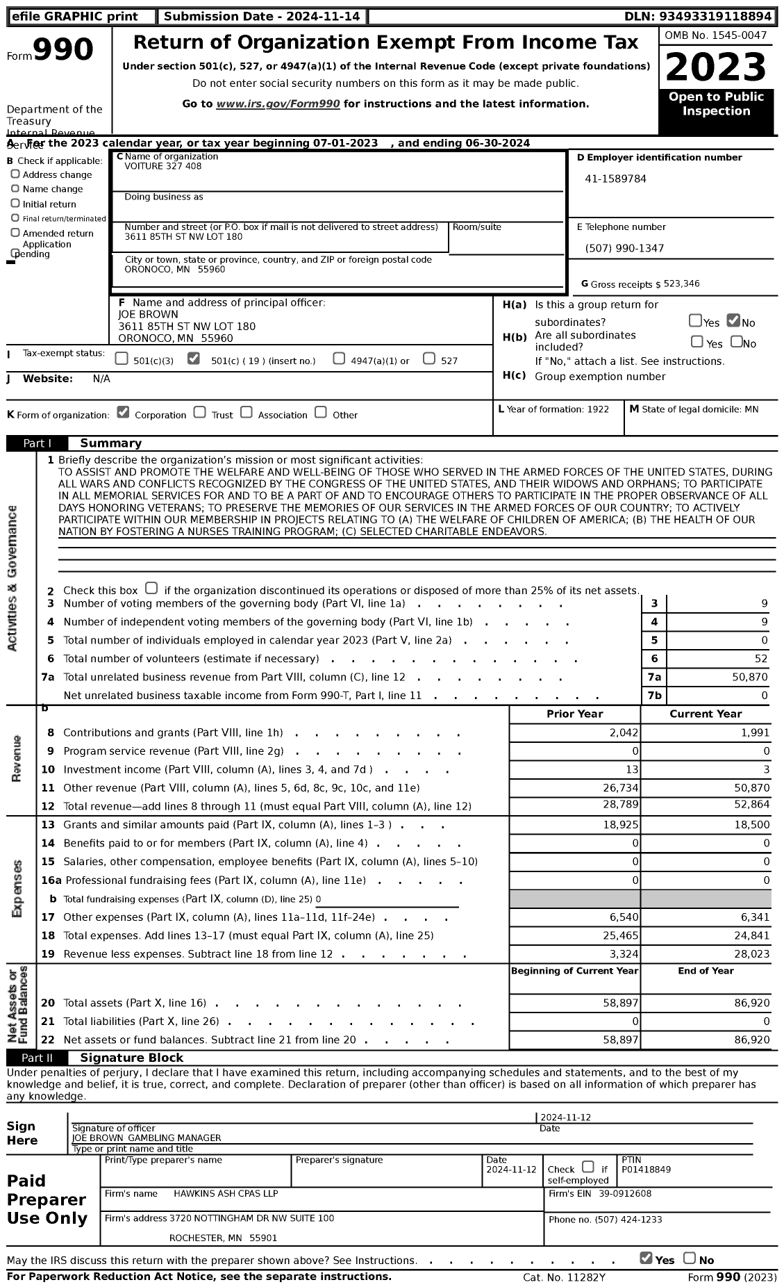 Image of first page of 2023 Form 990 for The Forty and Eight - 327 Voiture Locale