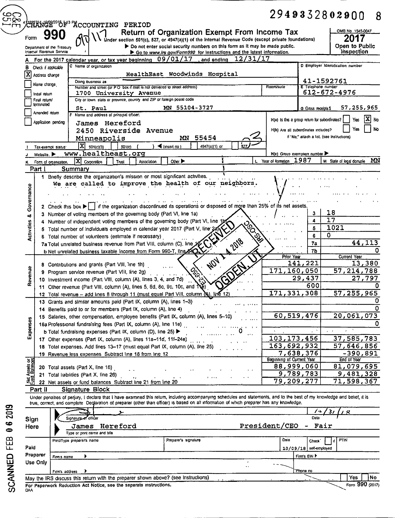 Image of first page of 2017 Form 990 for Healtheast Woodwinds Hospital