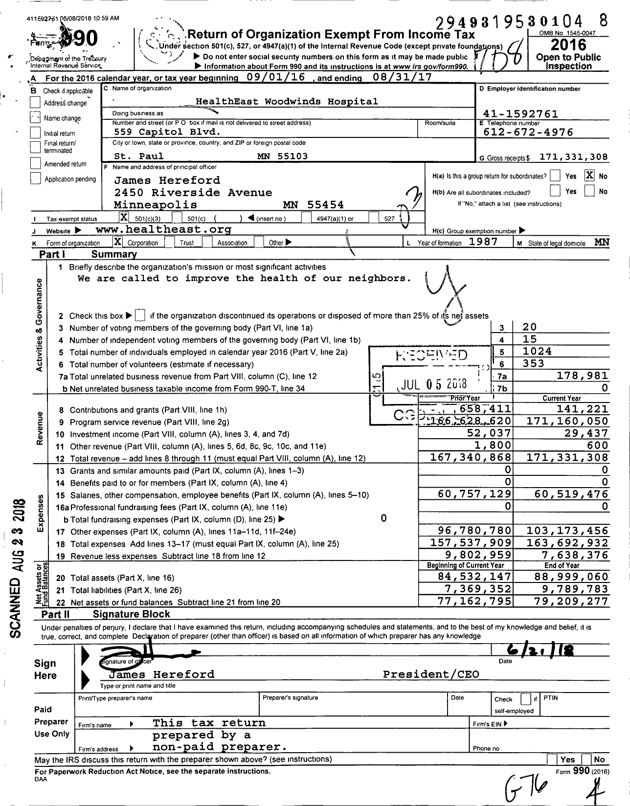 Image of first page of 2016 Form 990 for Healtheast Woodwinds Hospital