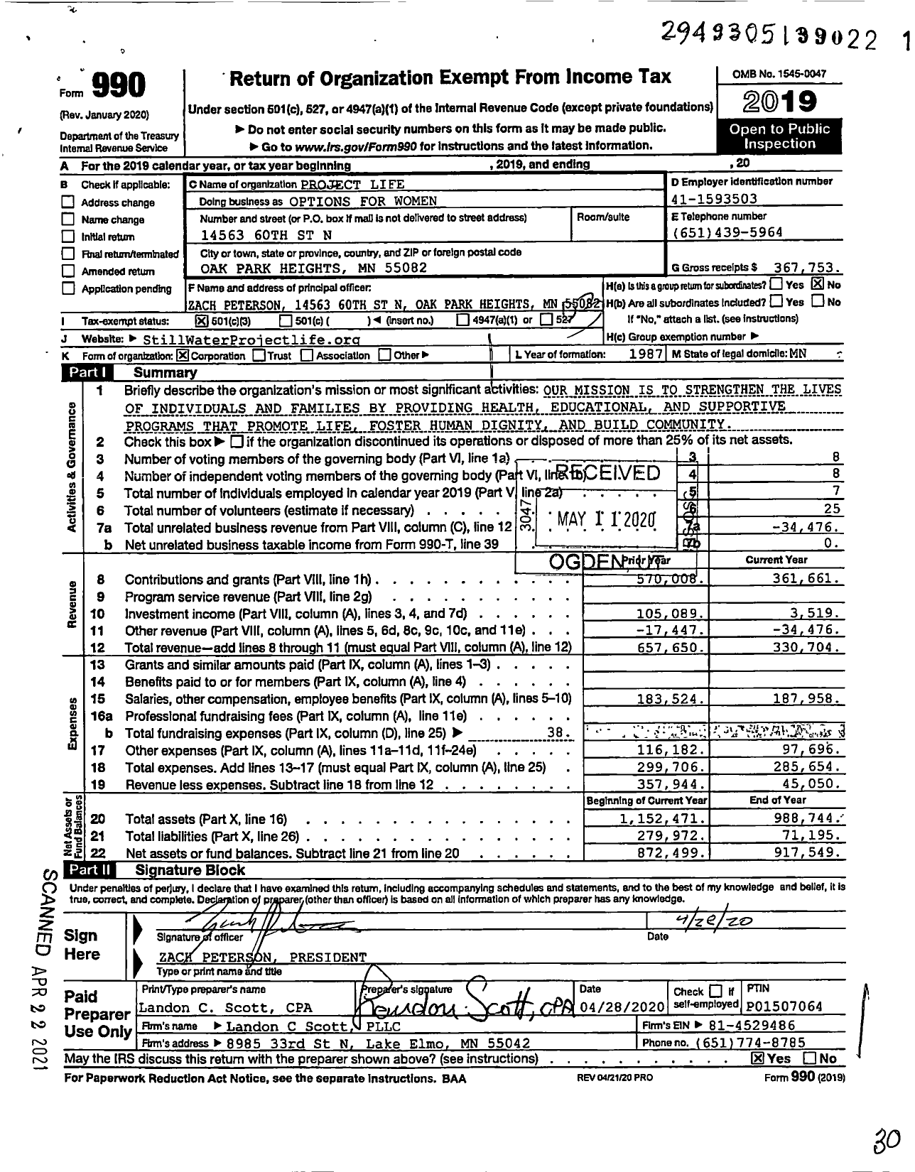 Image of first page of 2019 Form 990 for Options for Women St Croix Valley