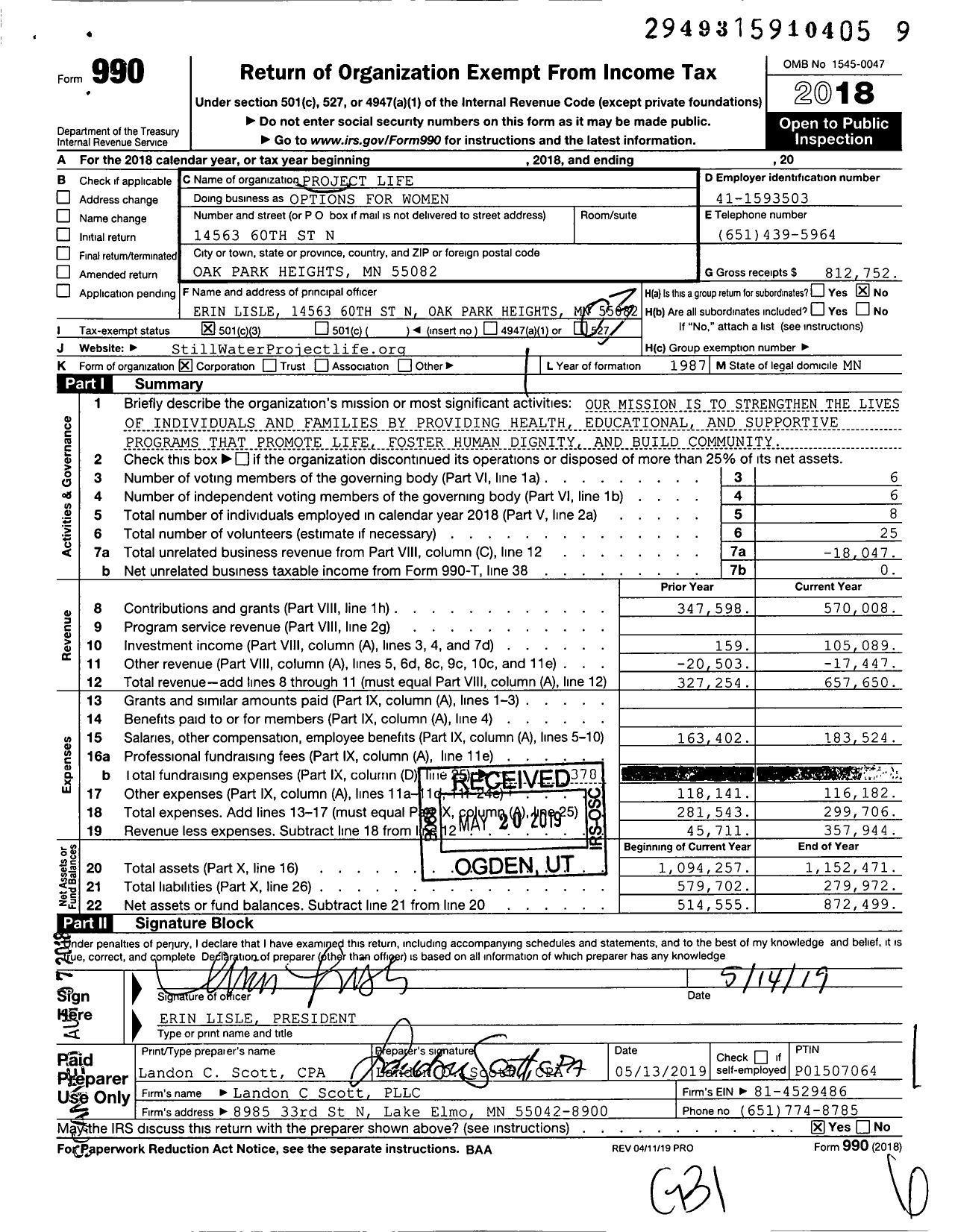 Image of first page of 2018 Form 990 for Options for Women St Croix Valley