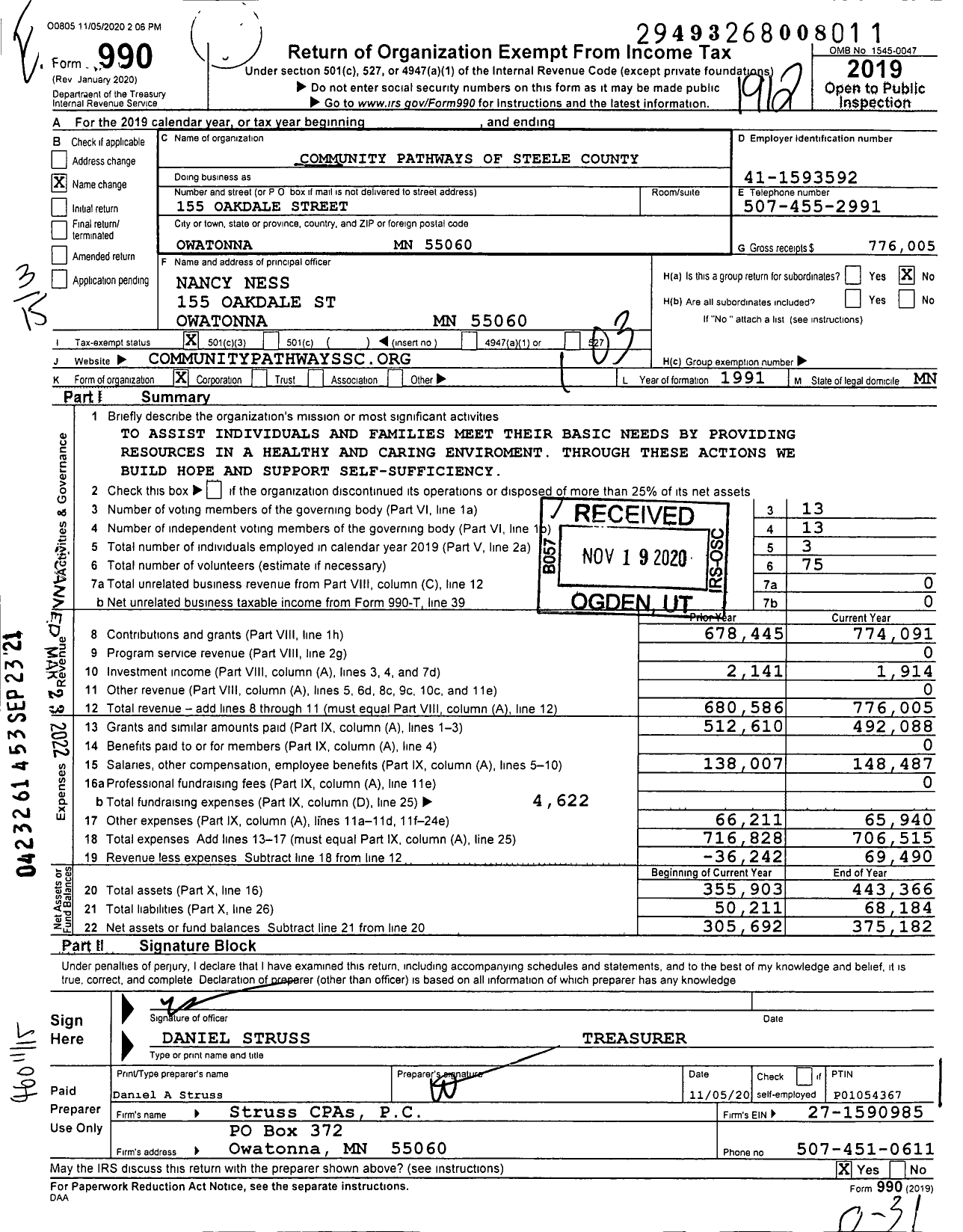 Image of first page of 2019 Form 990 for Community Pathways of Steele County