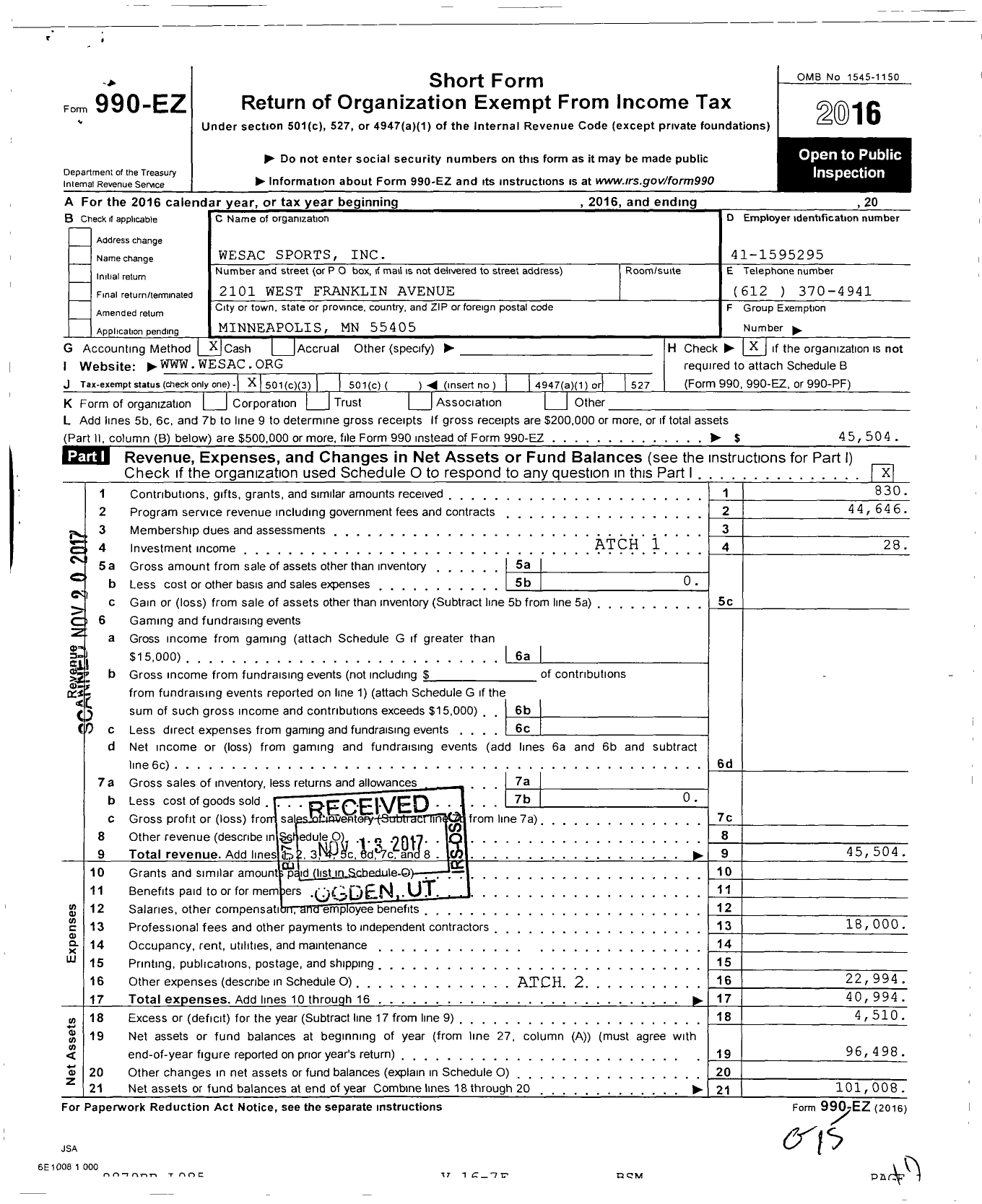 Image of first page of 2016 Form 990EZ for Wesac Sports