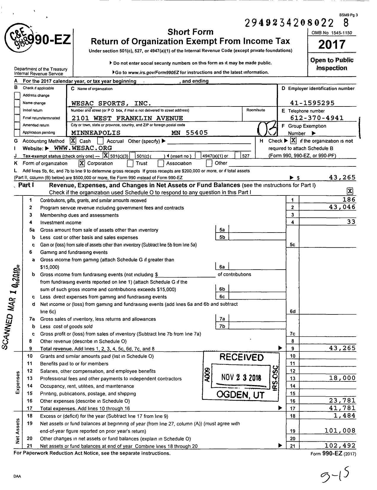 Image of first page of 2017 Form 990EZ for Wesac Sports