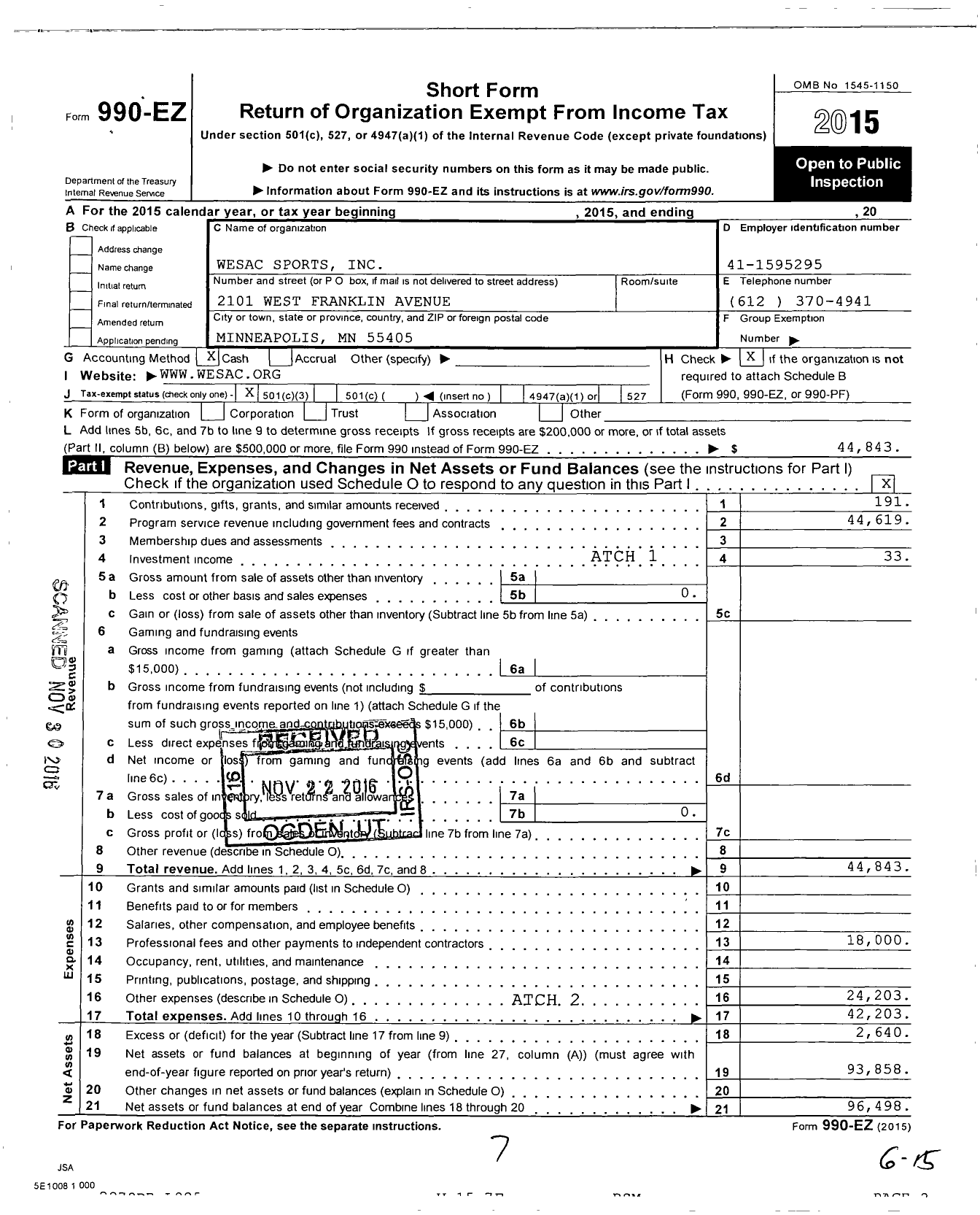 Image of first page of 2015 Form 990EZ for Wesac Sports