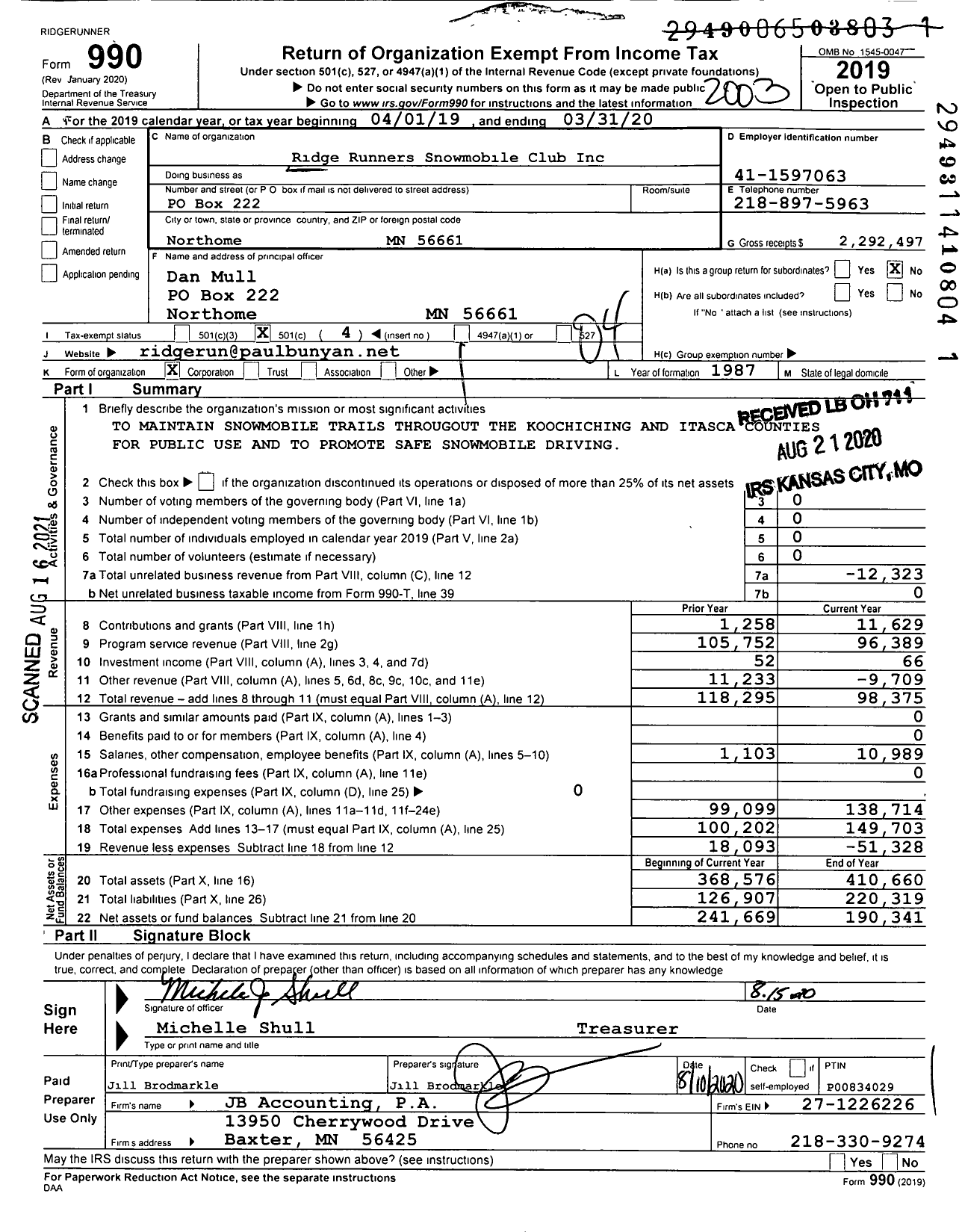 Image of first page of 2019 Form 990O for Ridge Runners Snowmobile Club