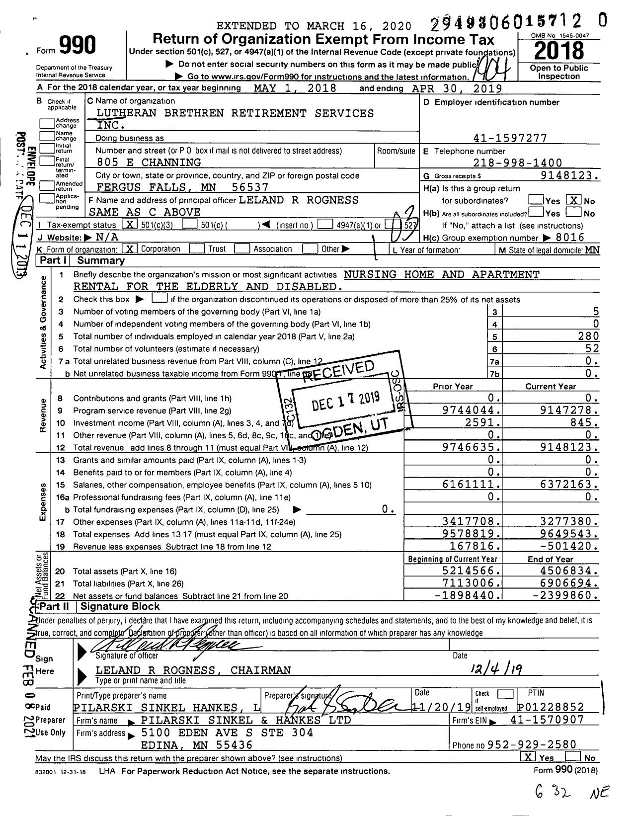 Image of first page of 2018 Form 990 for Lutheran Brethren Retirement Services