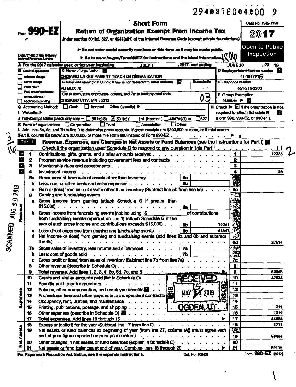 Image of first page of 2017 Form 990EZ for Chisago Lakes Parent Teacher Organization