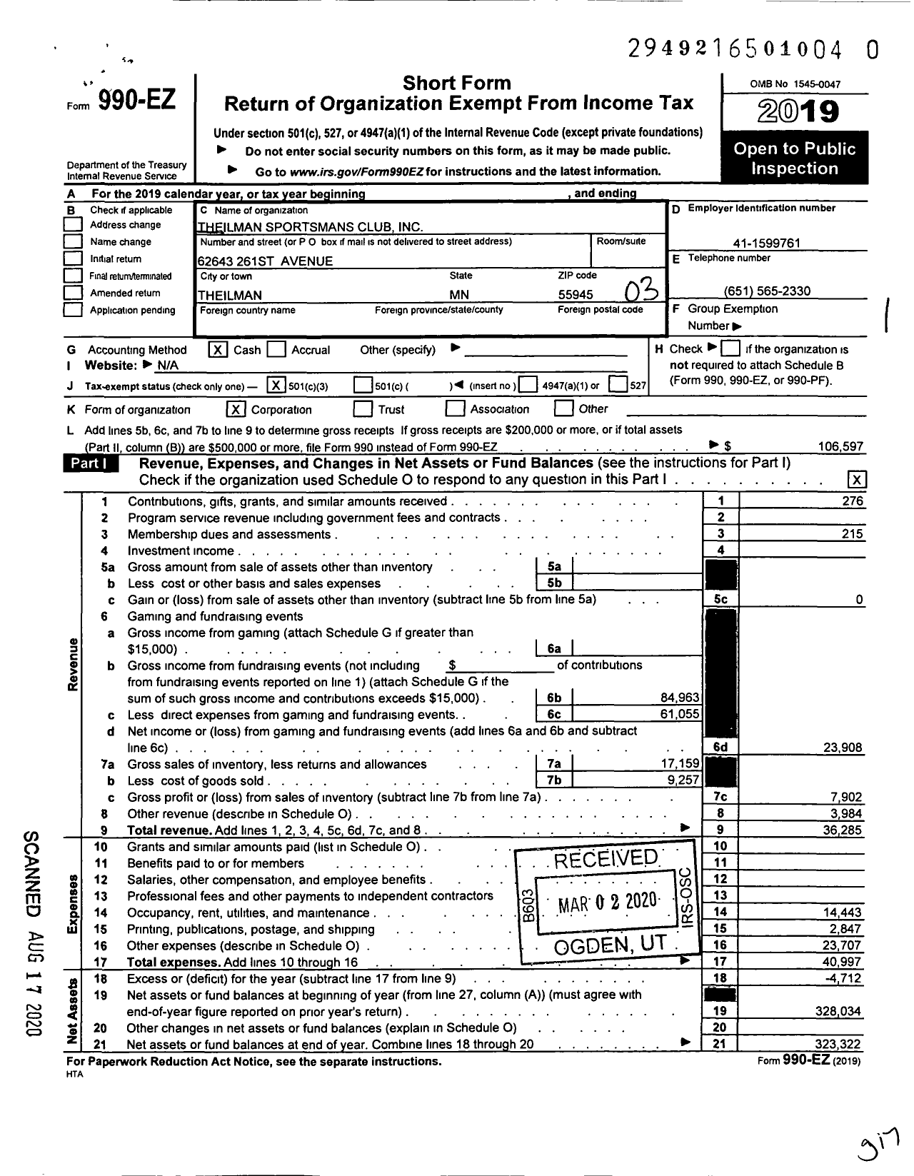 Image of first page of 2019 Form 990EZ for Theilman Sportsmans Club