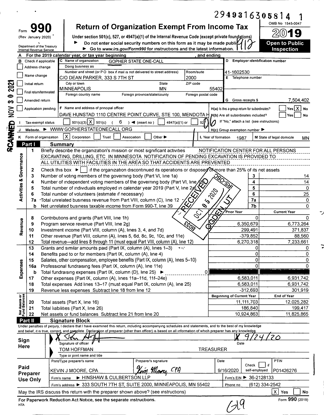 Image of first page of 2019 Form 990O for Gopher State One Call (GSOC)