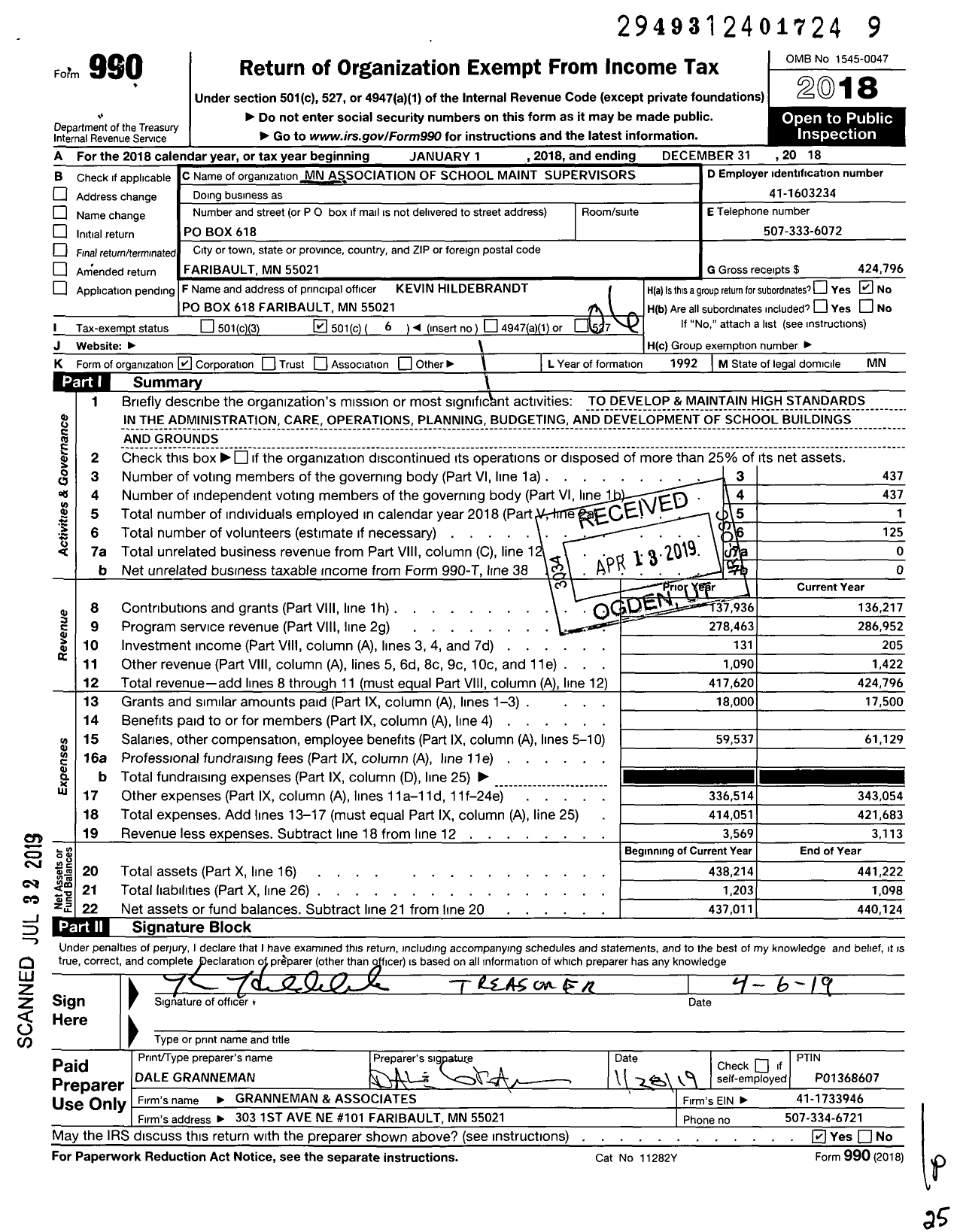 Image of first page of 2018 Form 990O for Minnesota Association of School Maintenace Supervisors