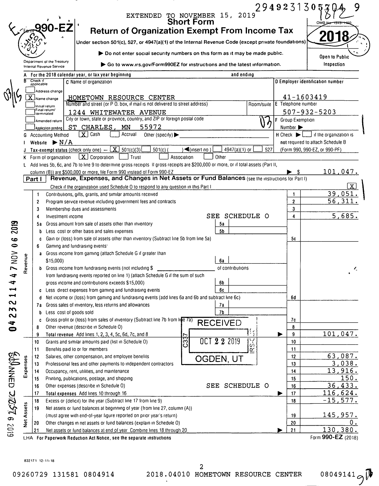 Image of first page of 2018 Form 990EZ for Hometown Resource Center