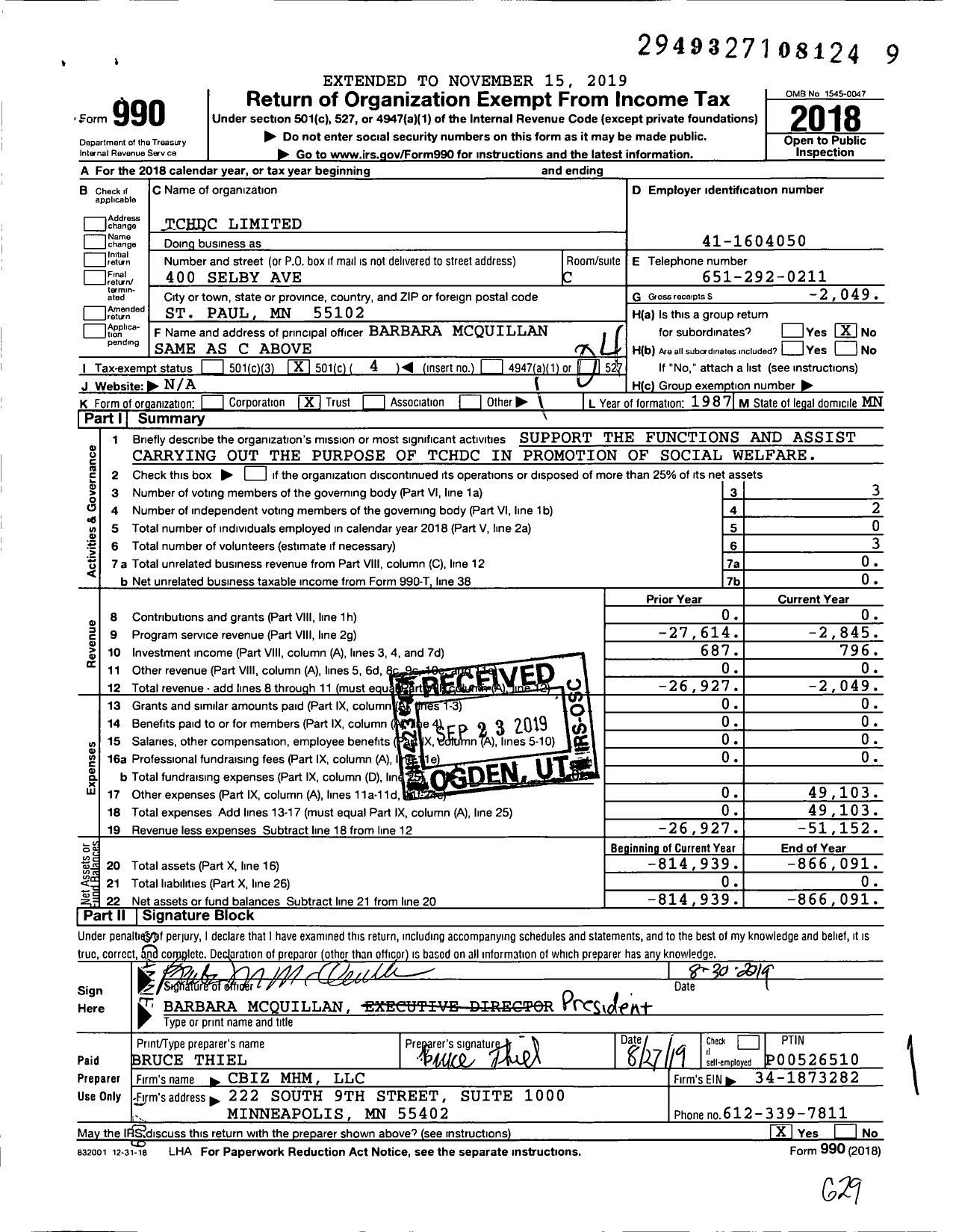 Image of first page of 2018 Form 990O for TCHDC Limited