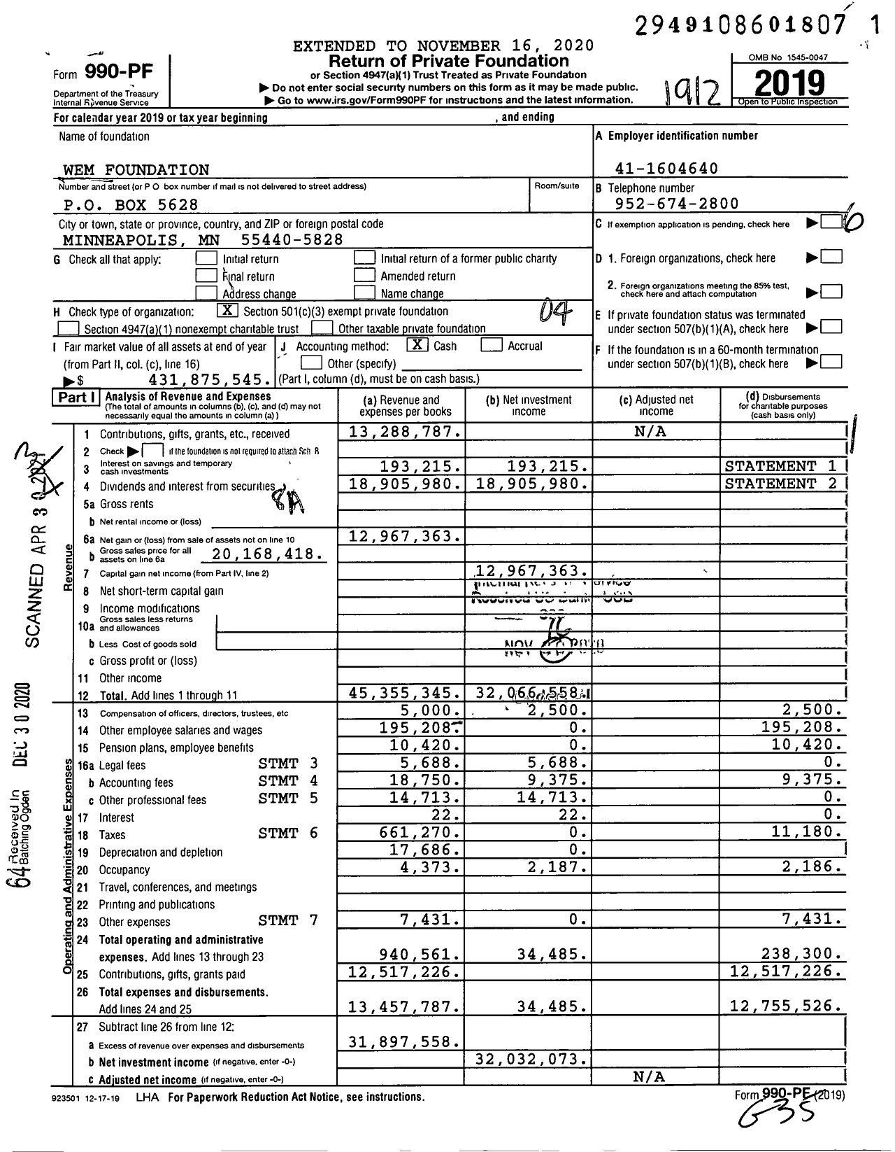 Image of first page of 2019 Form 990PF for WEM Foundation