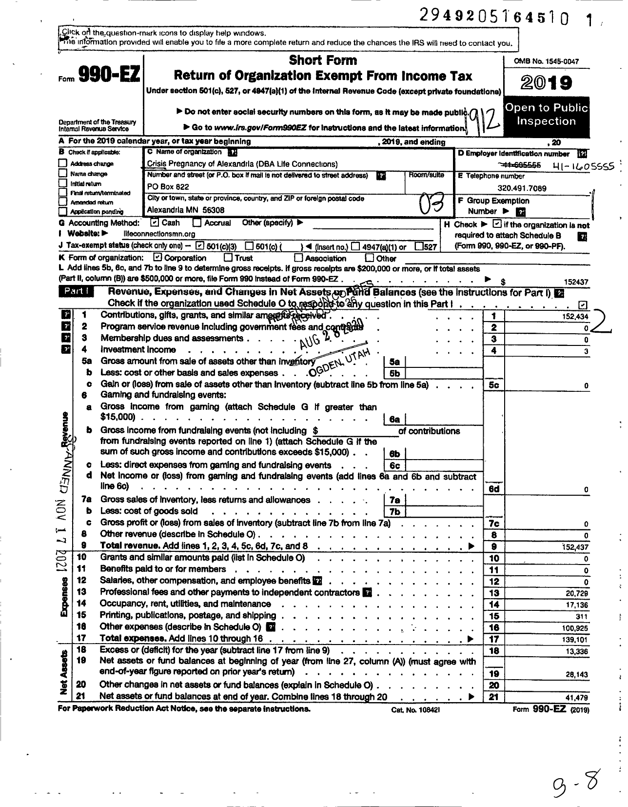 Image of first page of 2019 Form 990EZ for Life Connections