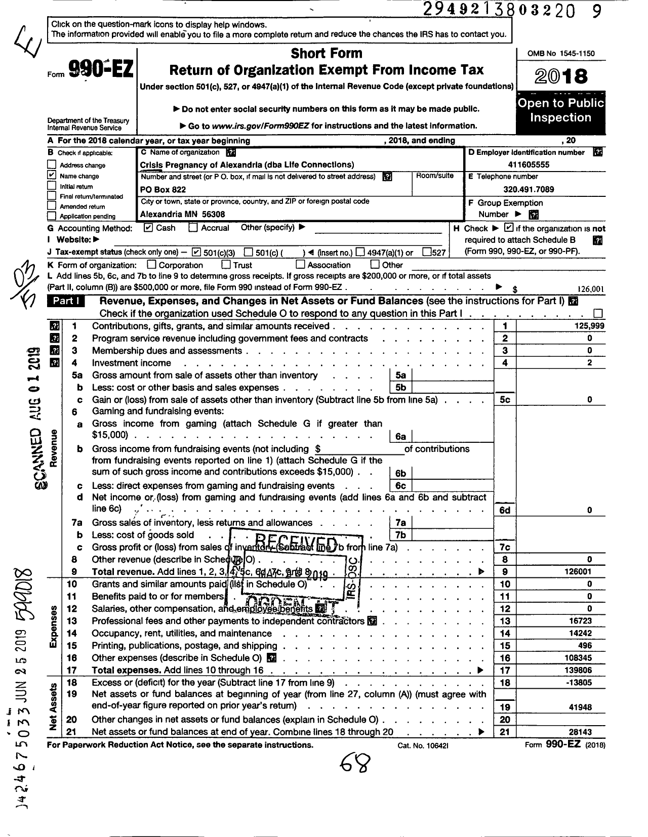 Image of first page of 2018 Form 990EZ for Life Connections