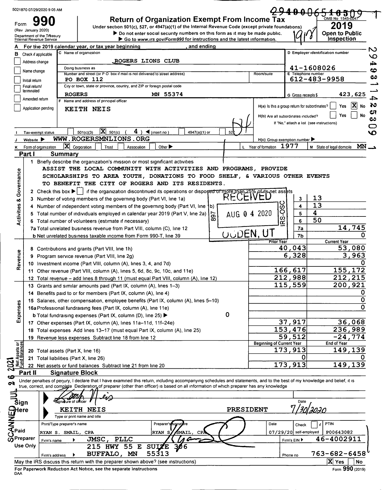 Image of first page of 2019 Form 990O for Lions Clubs - 32910 Rogers