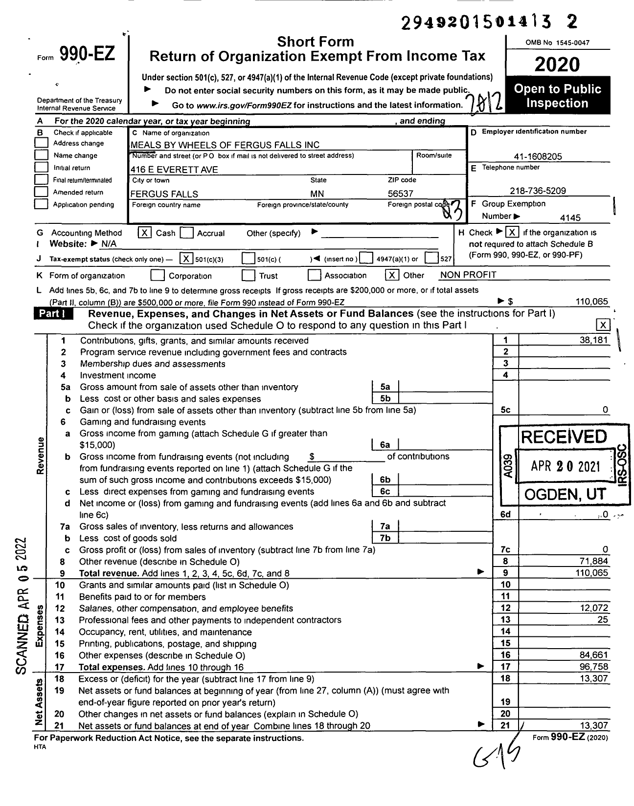 Image of first page of 2020 Form 990EZ for Meals By Wheels of Fergus Falls