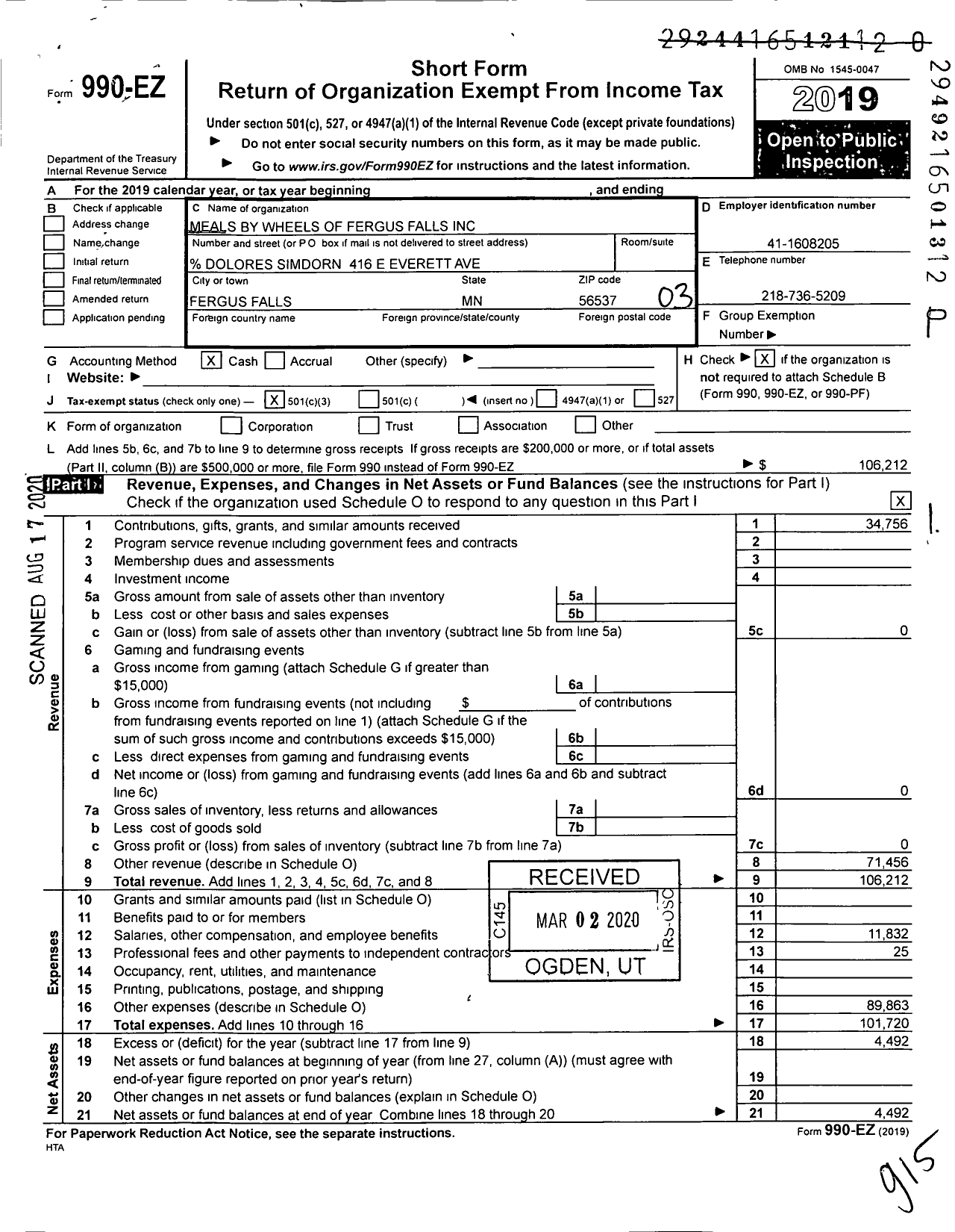 Image of first page of 2019 Form 990EZ for Meals By Wheels of Fergus Falls