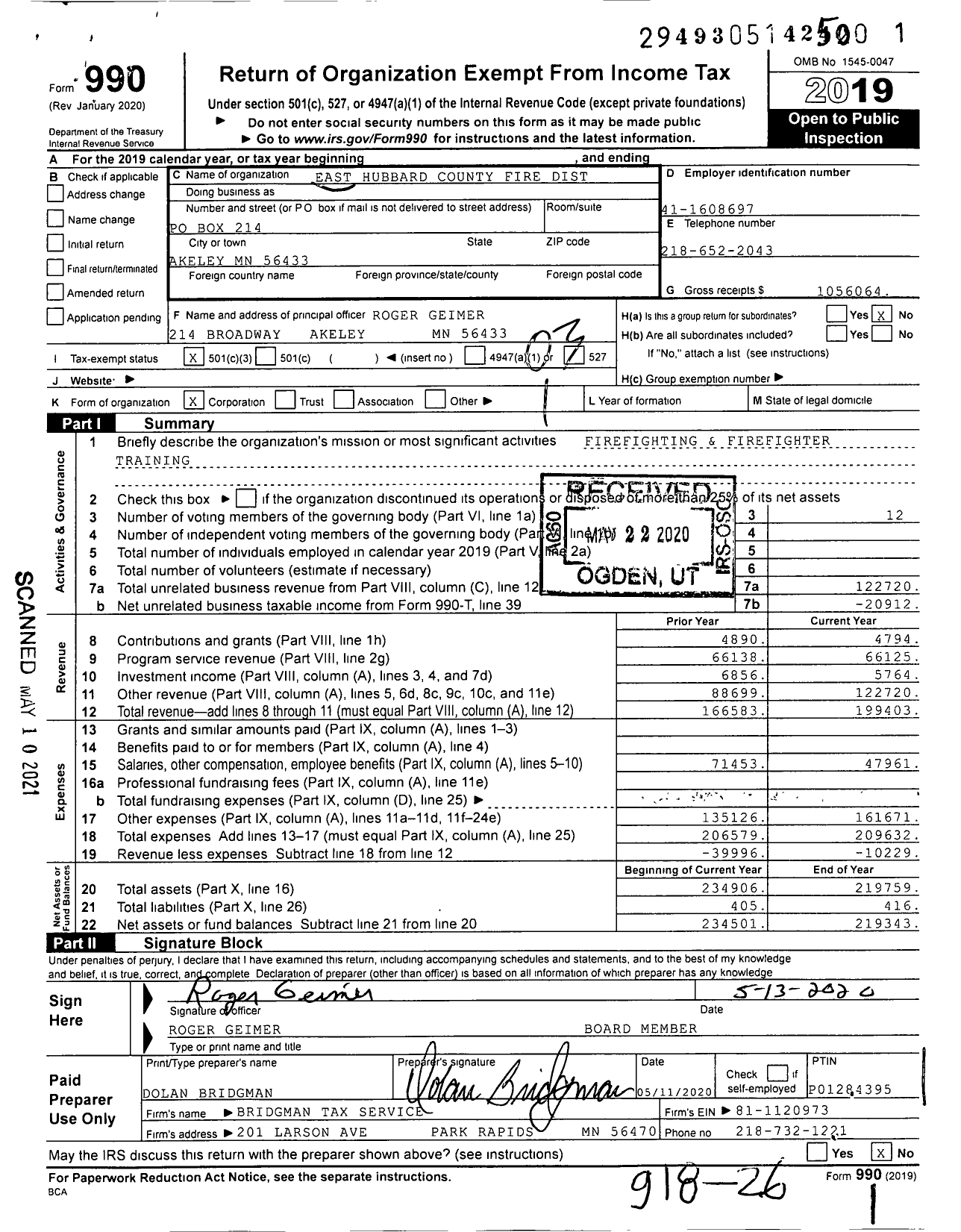 Image of first page of 2019 Form 990 for East Hubbard County Fire Dist