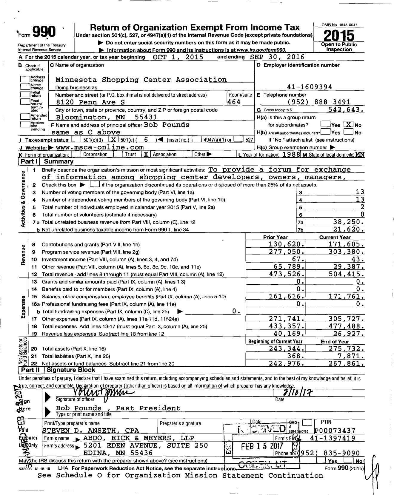 Image of first page of 2015 Form 990O for Minnesota Shopping Center Association