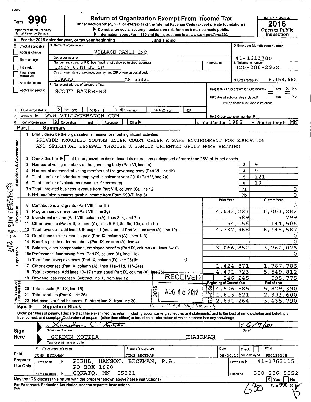 Image of first page of 2016 Form 990 for Village Ranch