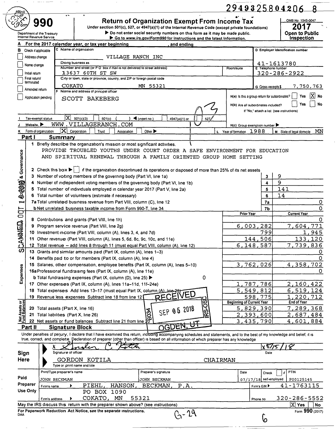 Image of first page of 2017 Form 990 for Village Ranch