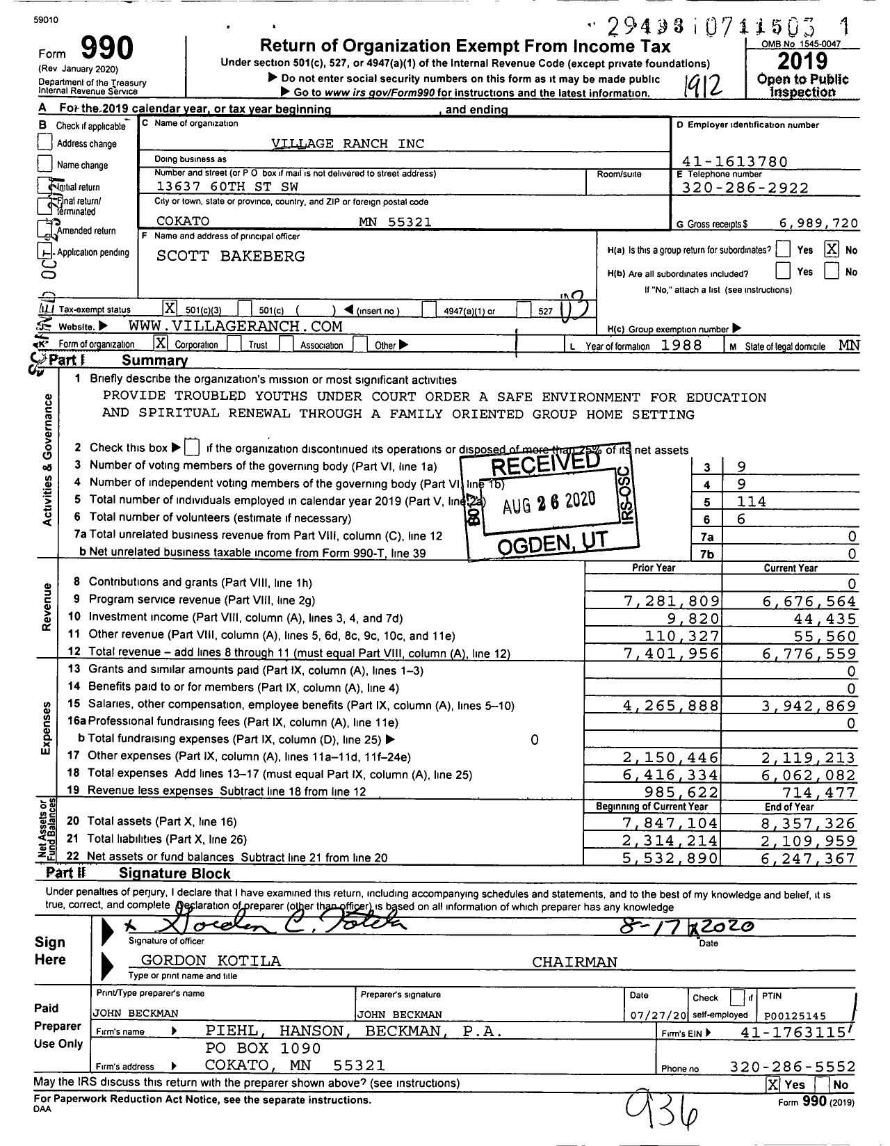 Image of first page of 2019 Form 990 for Village Ranch