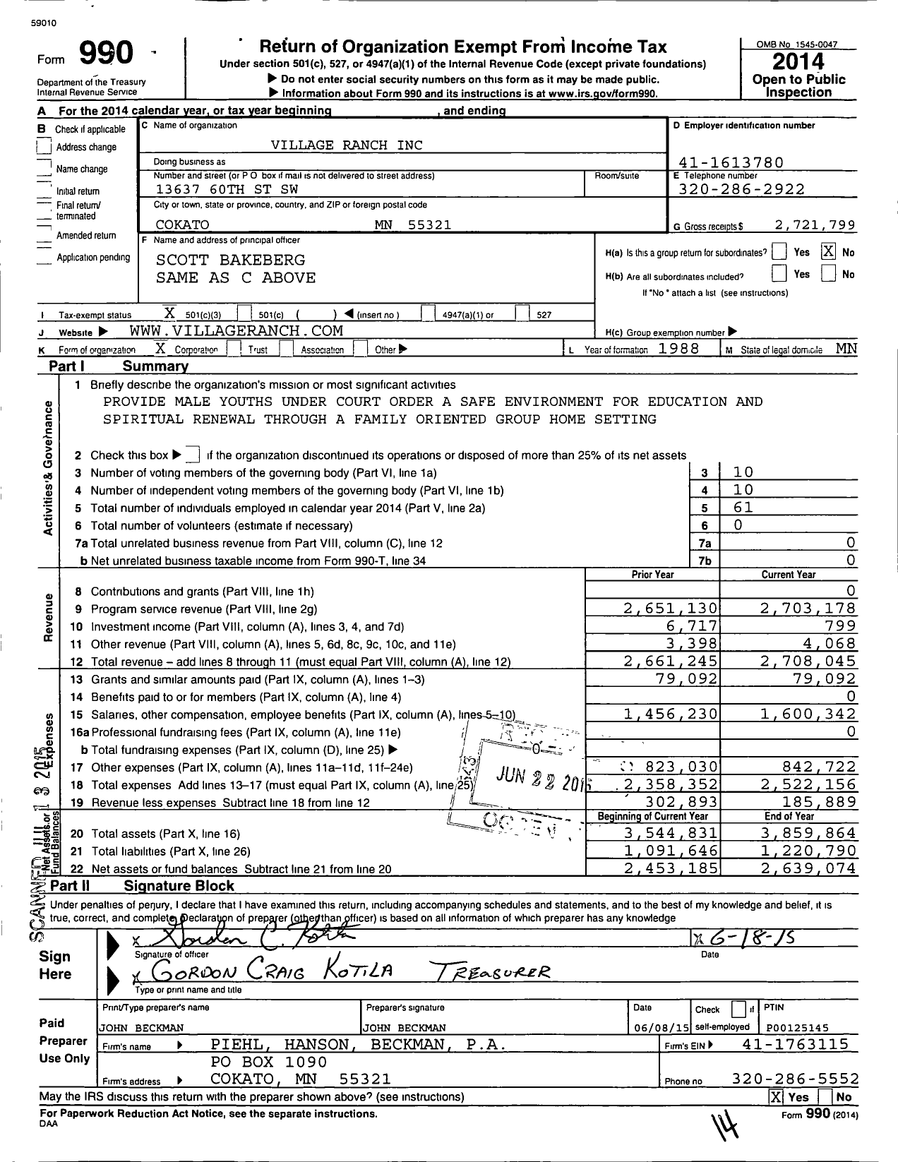 Image of first page of 2014 Form 990 for Village Ranch