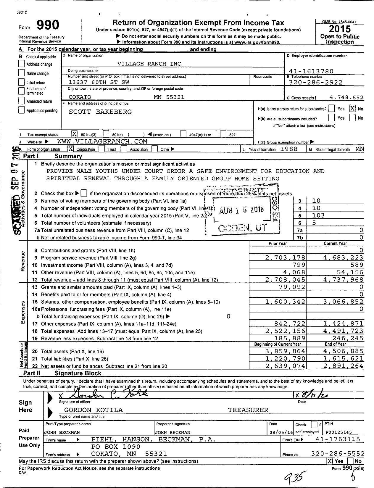 Image of first page of 2015 Form 990 for Village Ranch