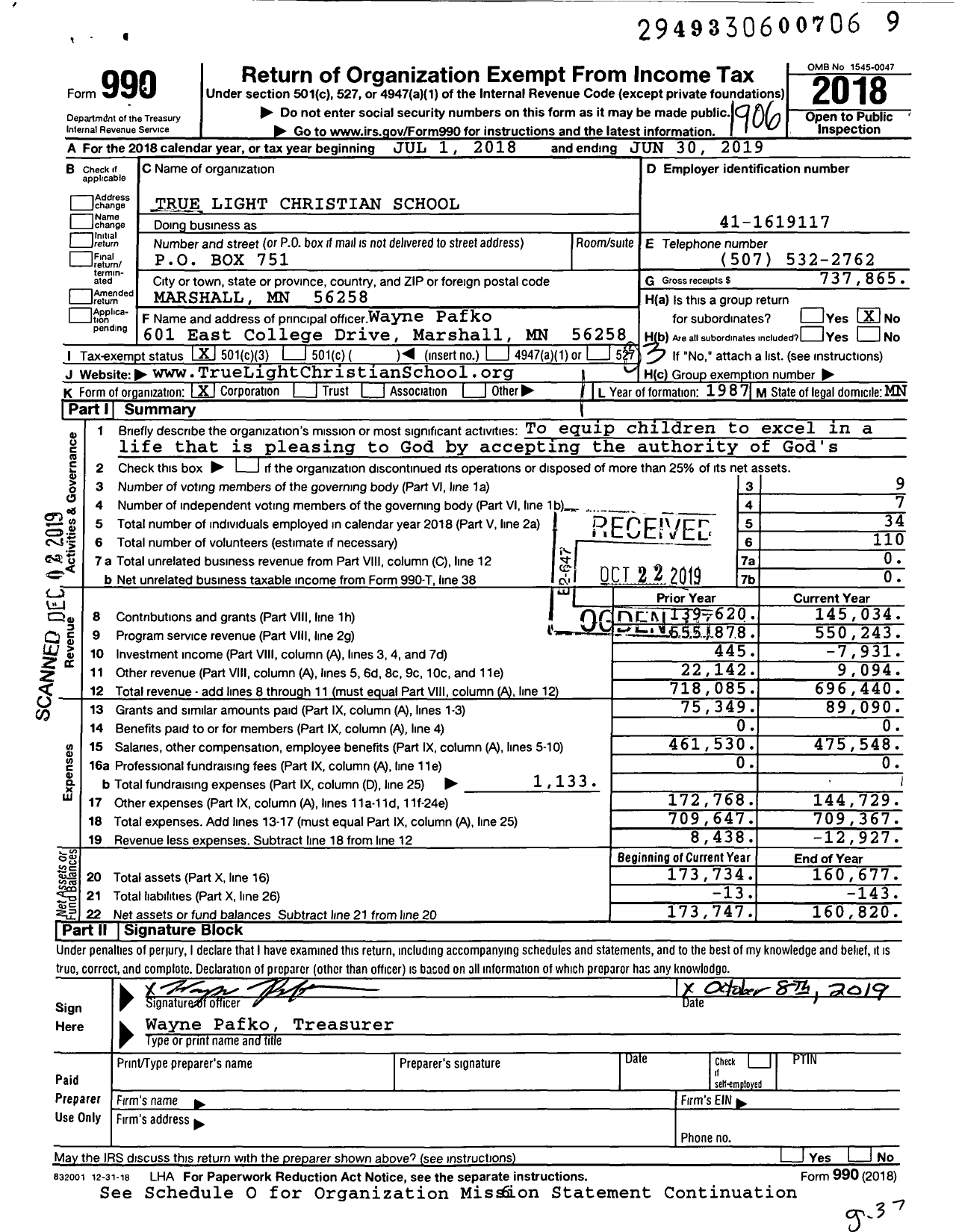 Image of first page of 2018 Form 990 for True Light Christian School