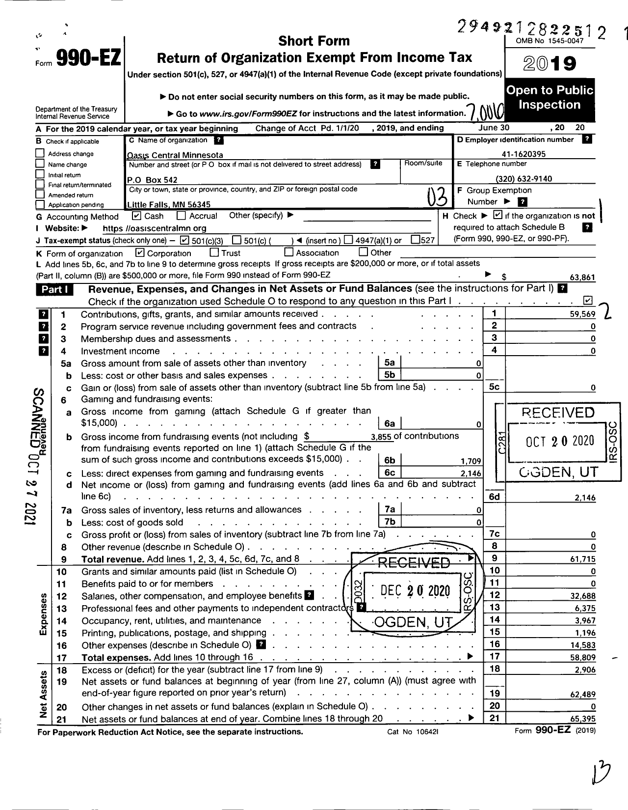 Image of first page of 2019 Form 990EZ for Oasis Central Minnesota