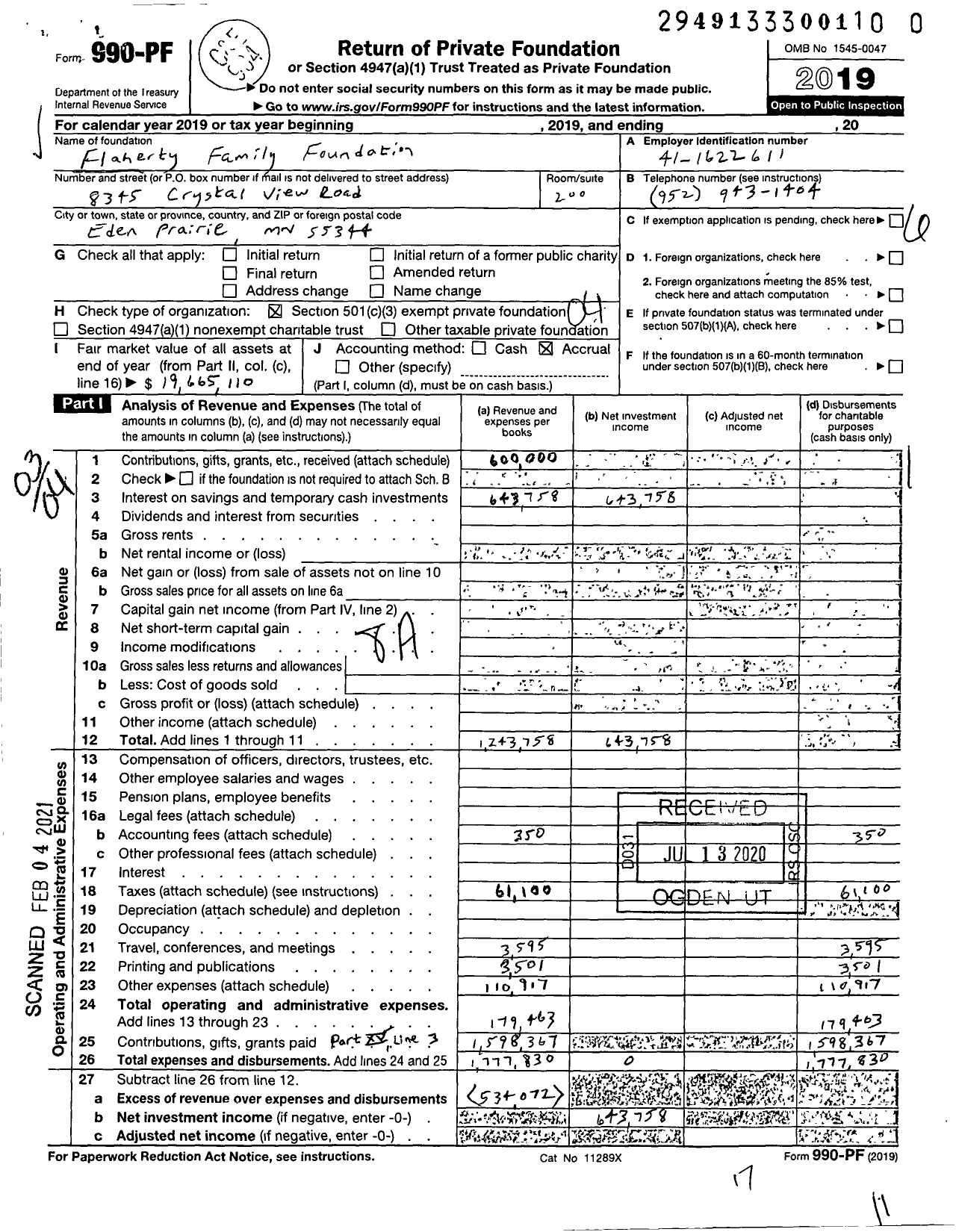 Image of first page of 2019 Form 990PF for Flaherty Family Foundation / C-O Edward Flaherty