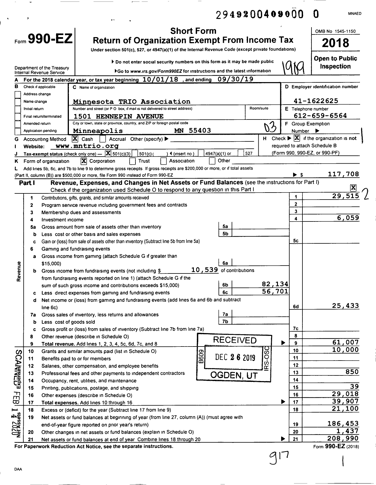 Image of first page of 2018 Form 990EZ for Minnesota Trio Association