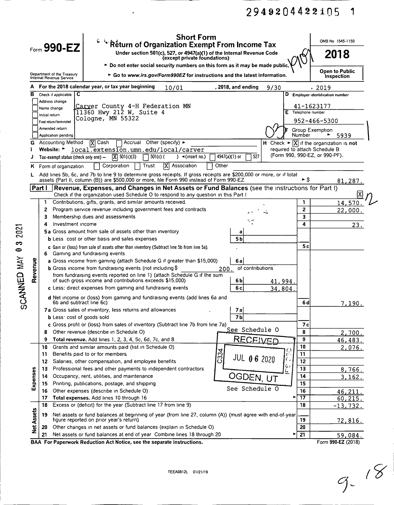 Image of first page of 2018 Form 990EZ for Carver County 4-H Federation MN