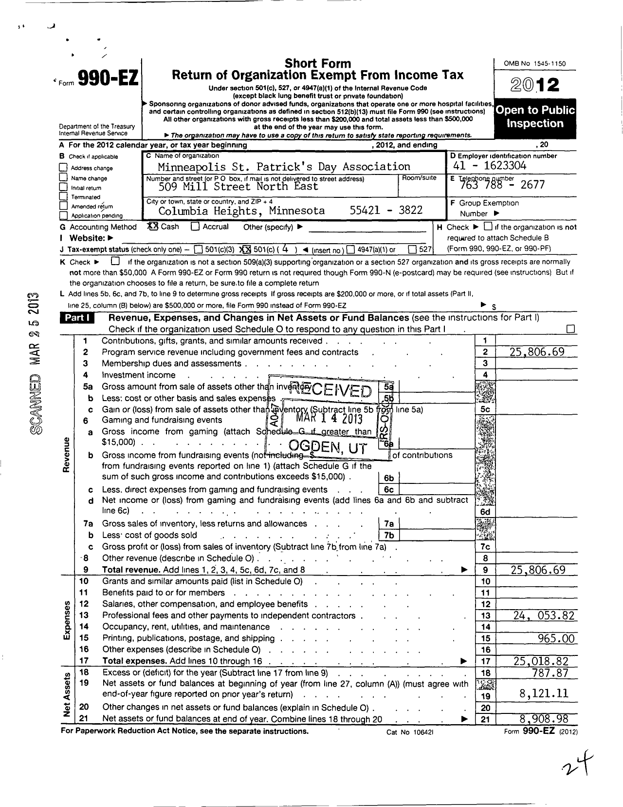 Image of first page of 2012 Form 990EO for Minneapolis St Patricks Day Association