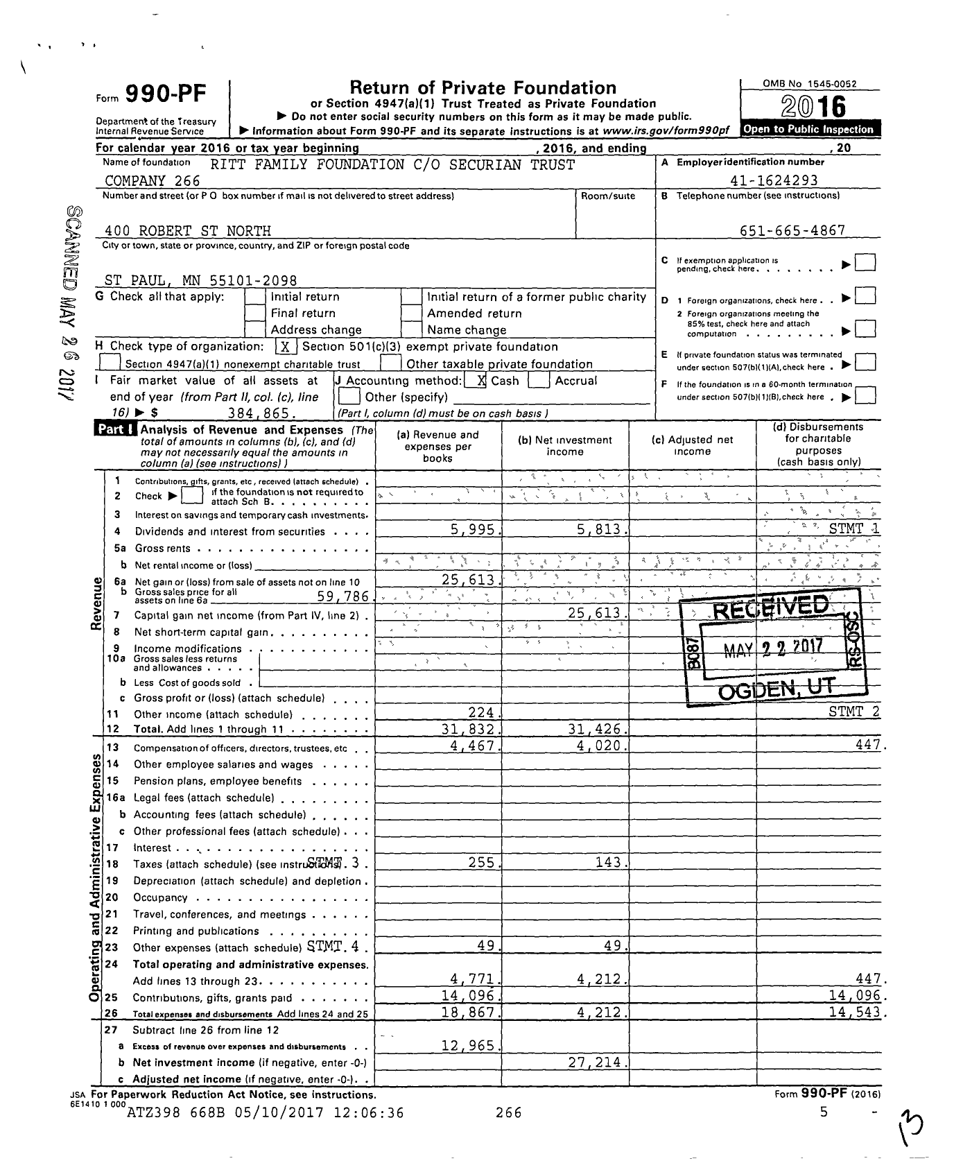 Image of first page of 2016 Form 990PF for Ritt Family Foundation