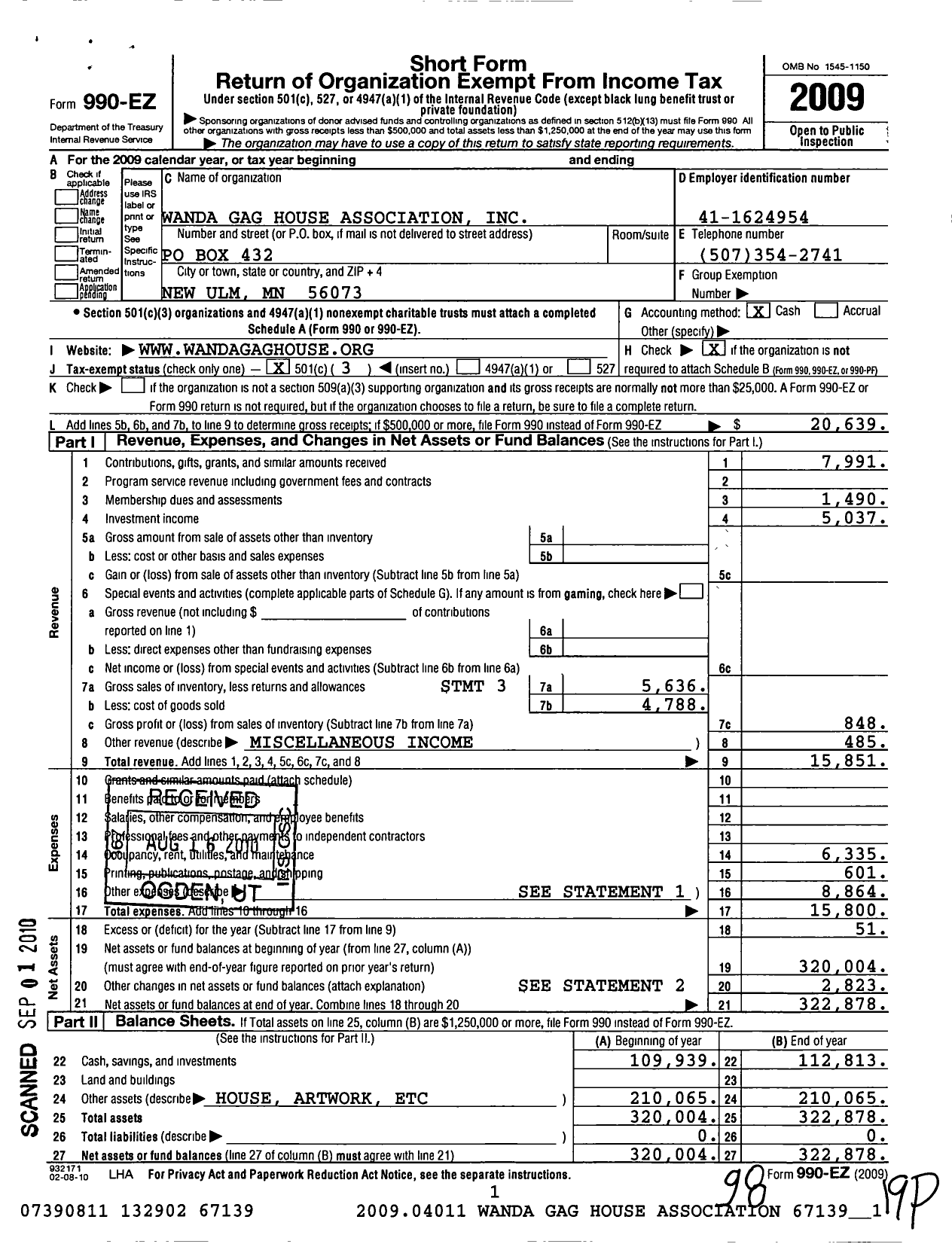 Image of first page of 2009 Form 990EZ for Wanda Gag House Association