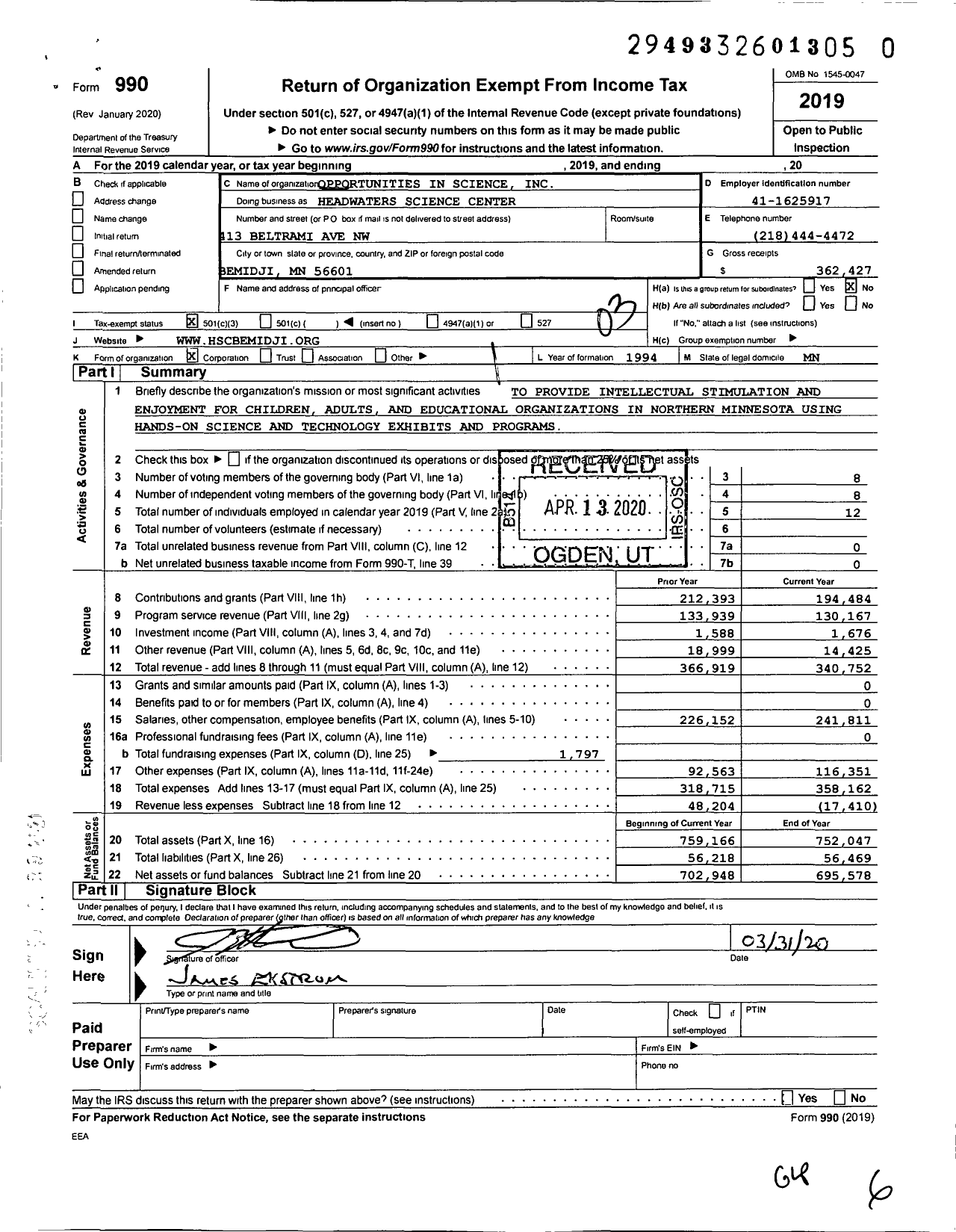 Image of first page of 2019 Form 990 for Headwaters Science Center