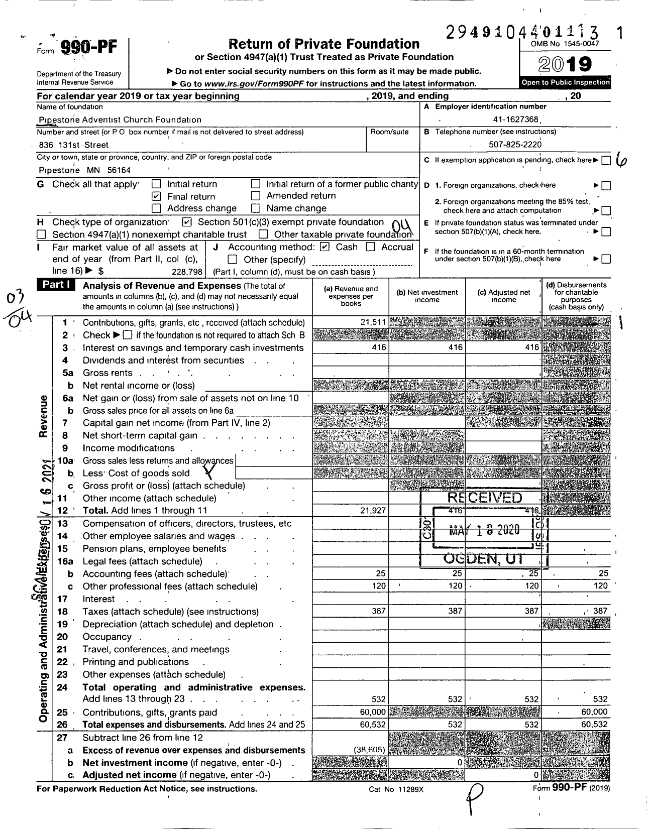 Image of first page of 2019 Form 990PF for Pipestone Adventist Church Foundation