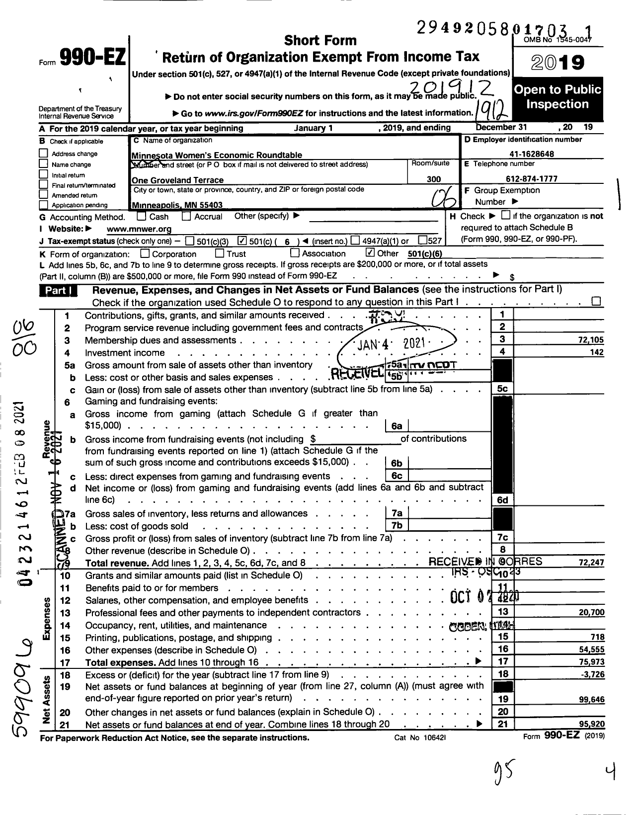 Image of first page of 2019 Form 990EO for Minnesota Womens Economic Roundtable