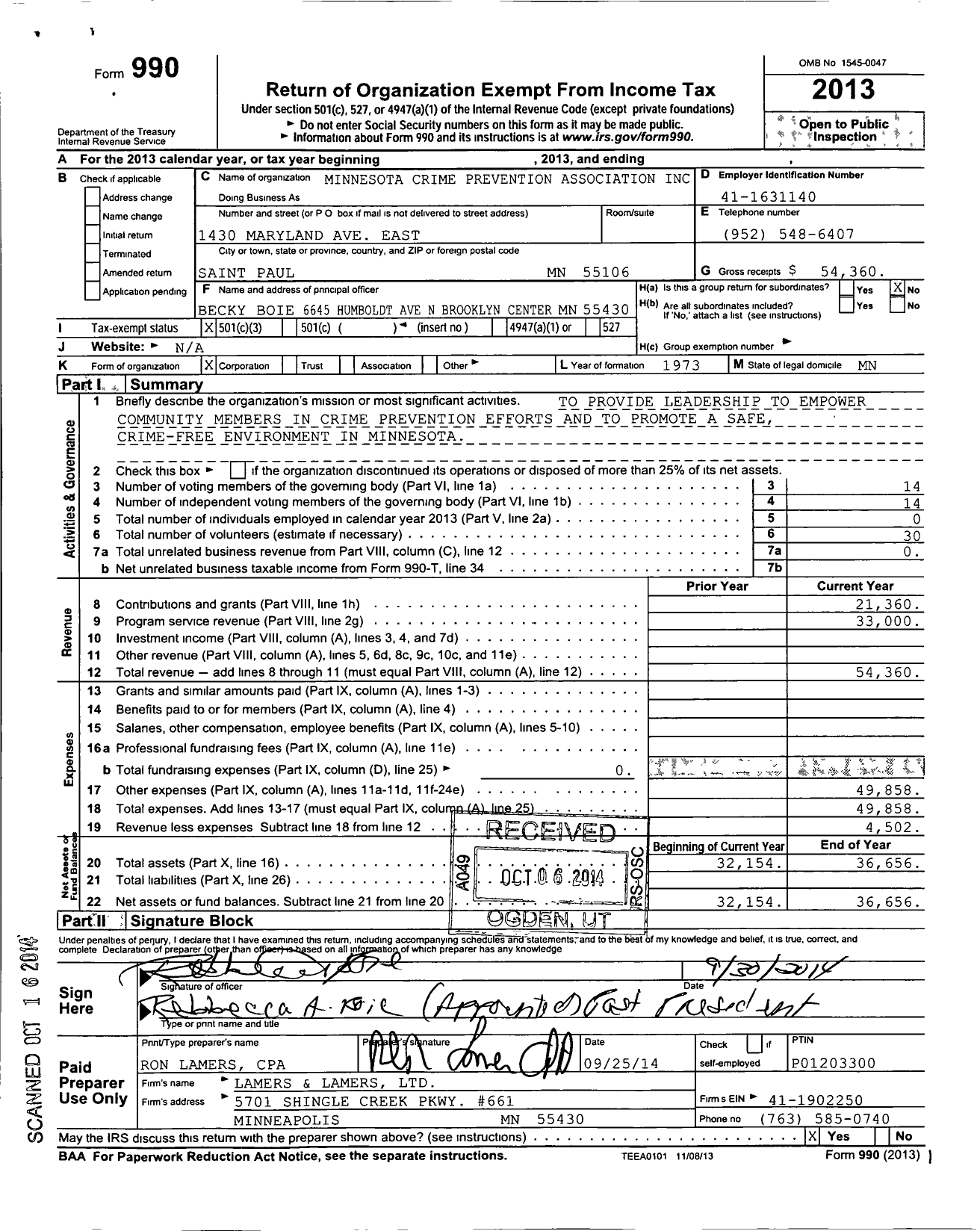 Image of first page of 2013 Form 990 for Minnesota Crime Prevention Association