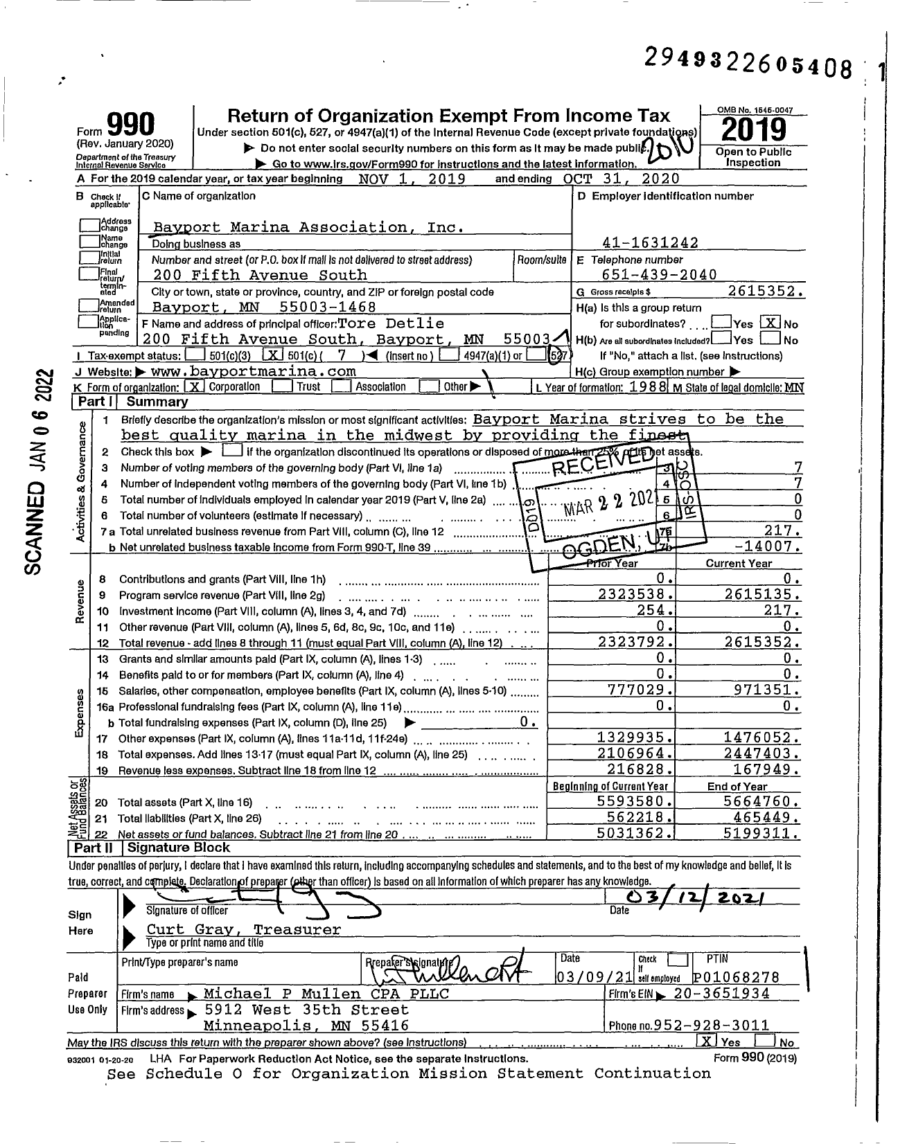 Image of first page of 2019 Form 990O for Bayport Marina Association