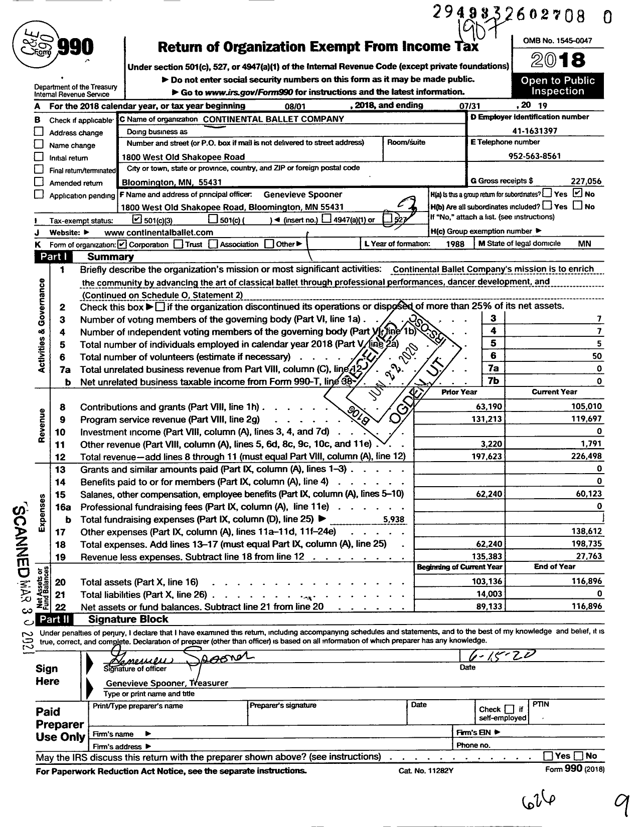 Image of first page of 2018 Form 990 for Continental Ballet Company