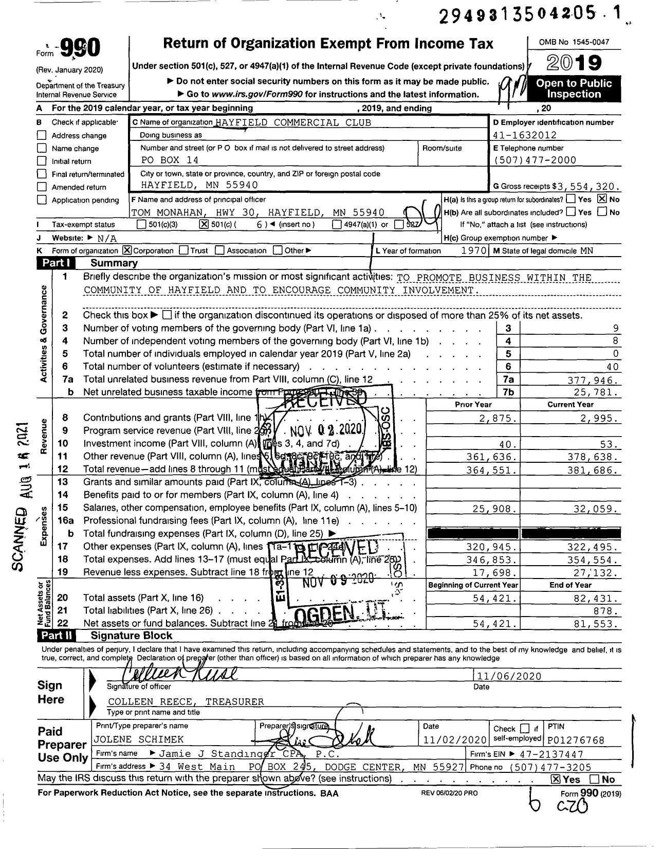 Image of first page of 2019 Form 990O for Hayfield Commercial Club