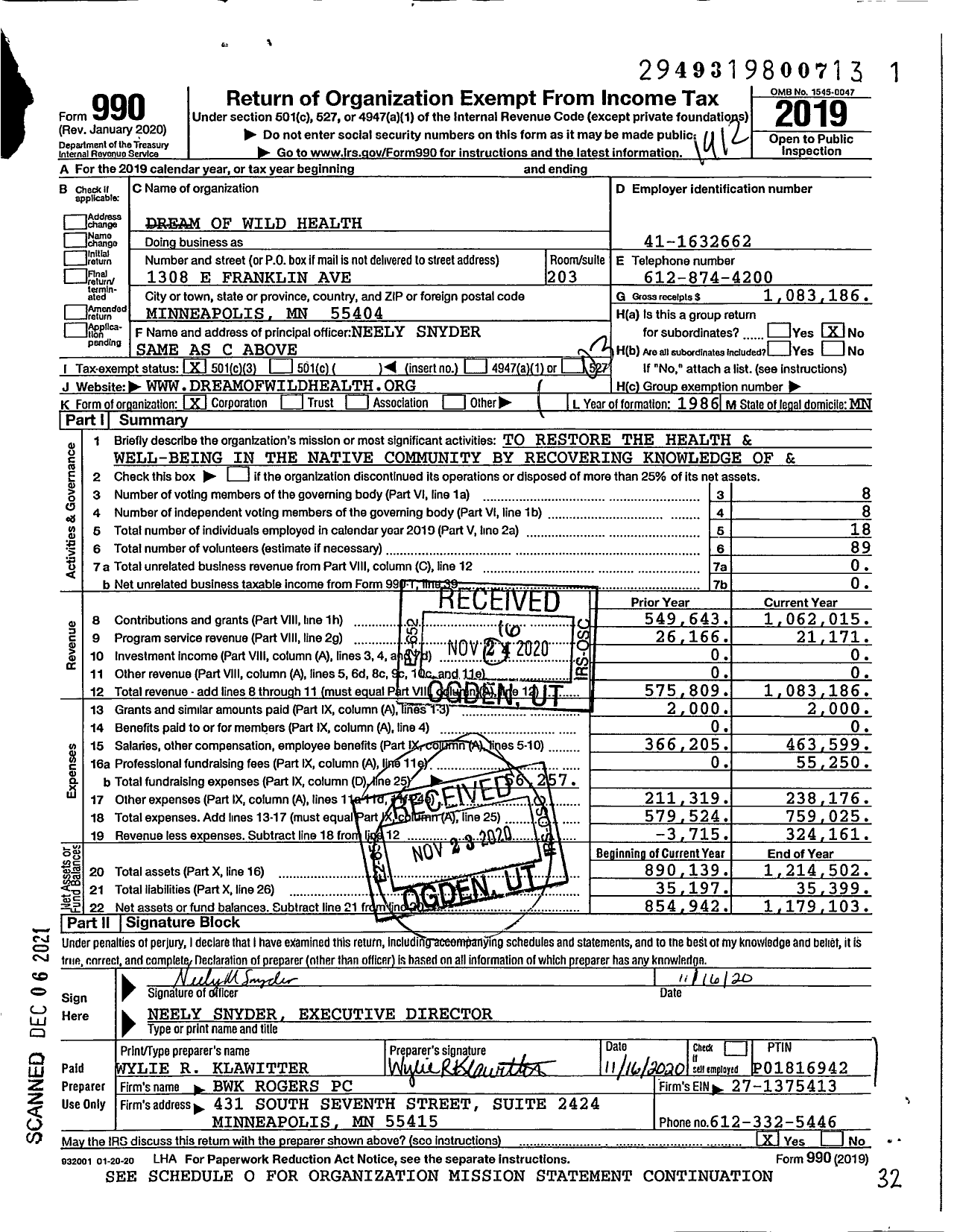 Image of first page of 2019 Form 990 for Dream of Wild Health